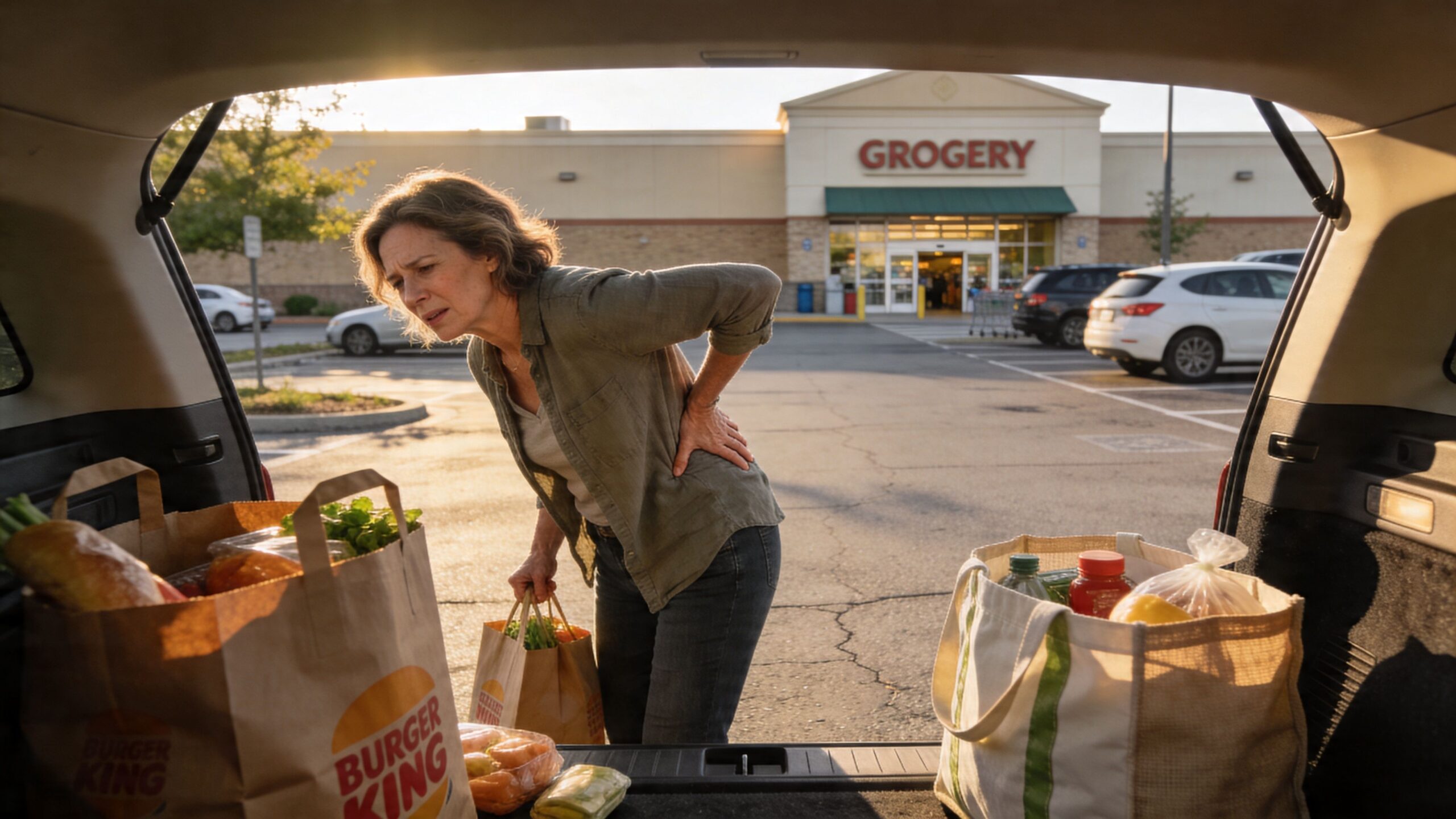 A woman experiencing back pain while loading groceries into the trunk of her car at a store.