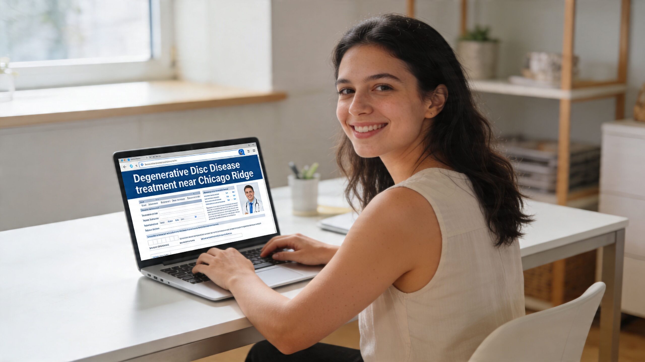 A woman smiling at her laptop displaying information about degenerative disc disease treatment in Chicago Ridge.