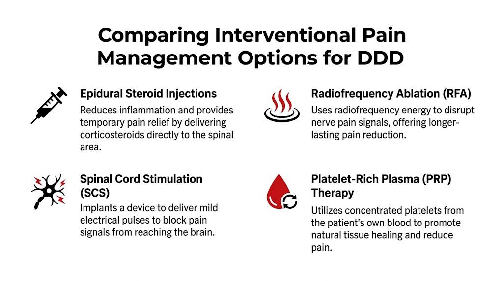 A graphic infographic explaining various interventional pain management treatments for degenerative disc disease, including injections, stimulation, and therapy.