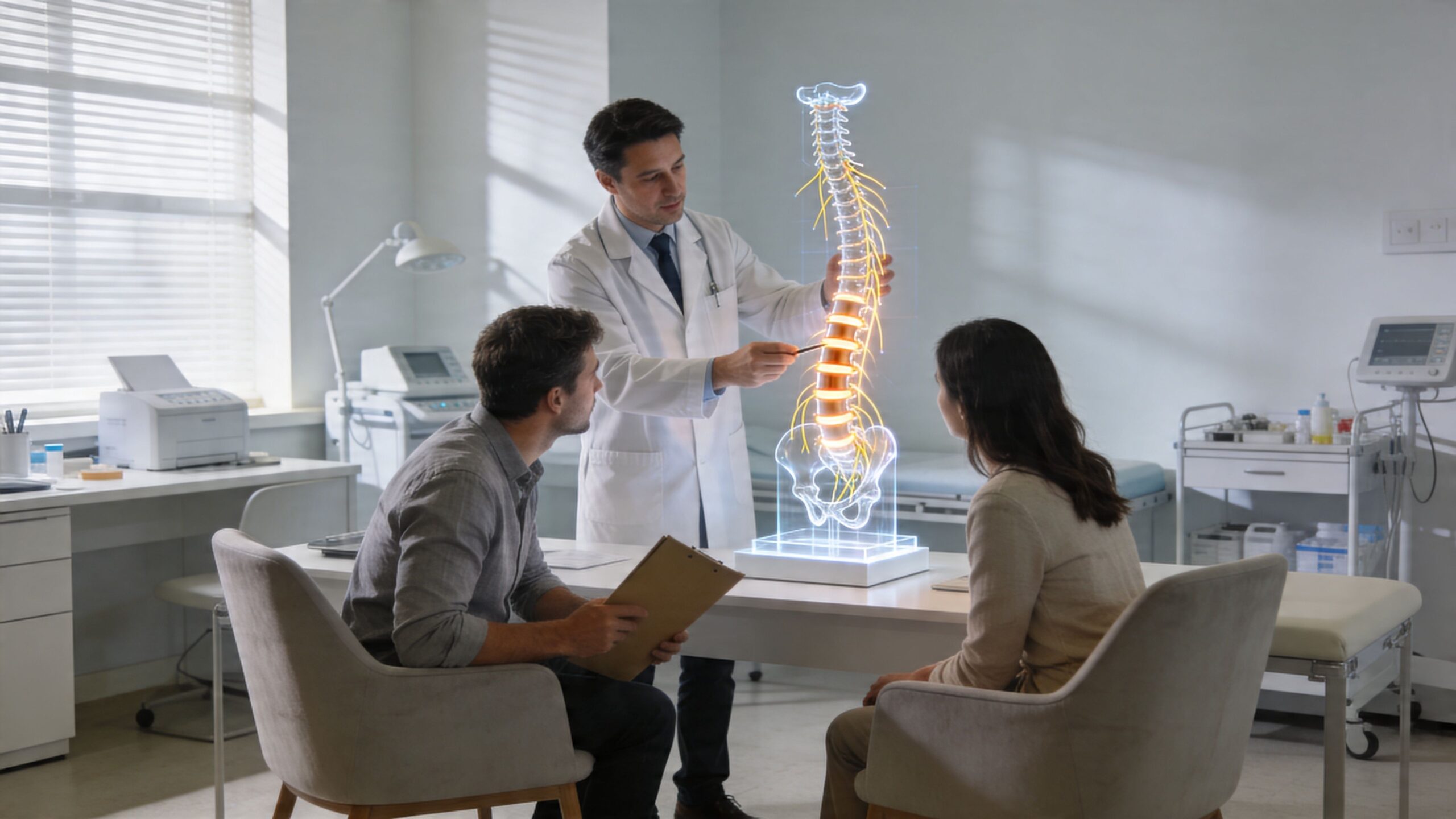 A doctor uses a holographic spine model to explain degenerative disc disease to a young couple.
