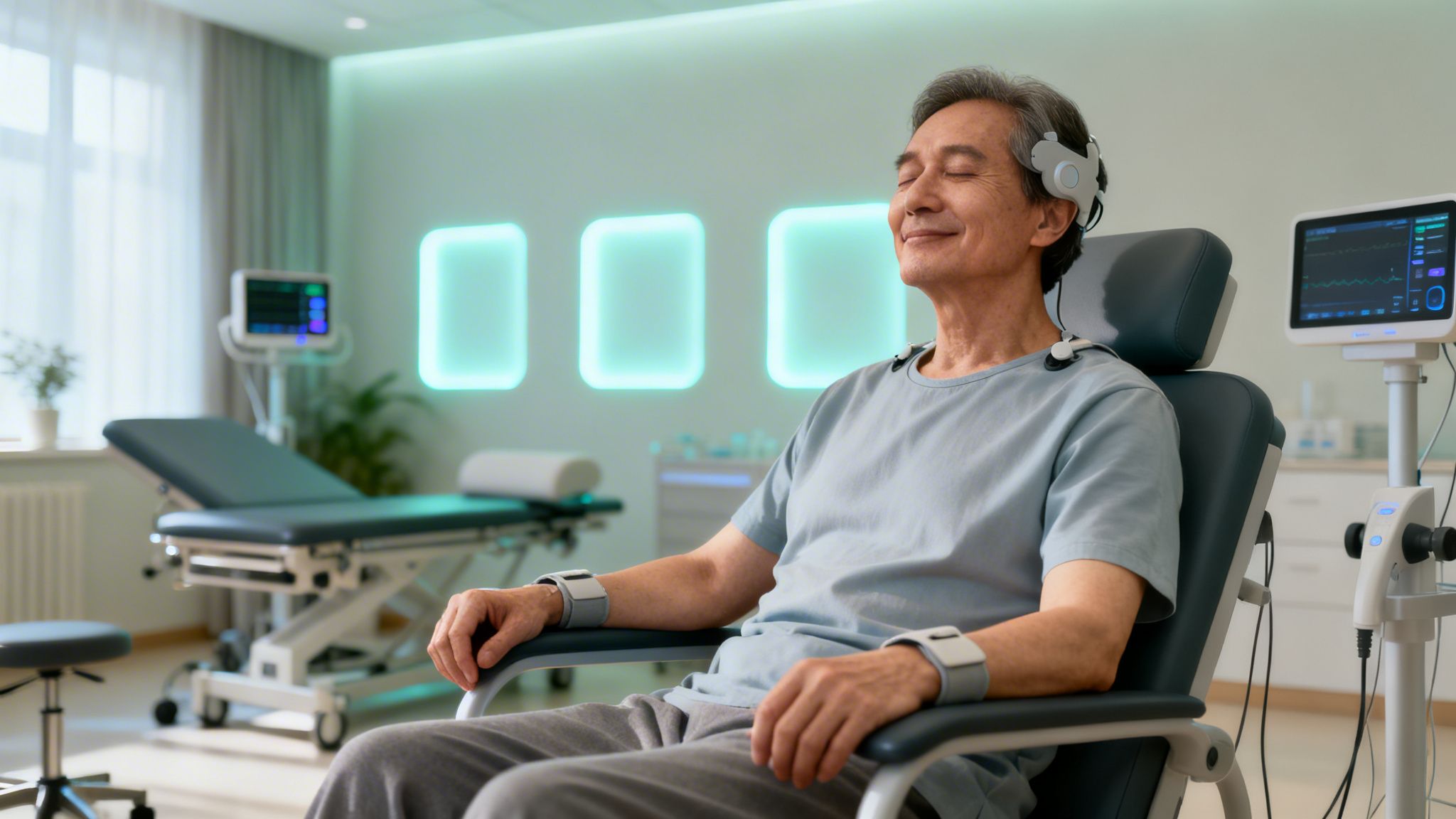 An elderly man sitting in a clinic chair receiving medical treatment for chronic pain relief therapy.