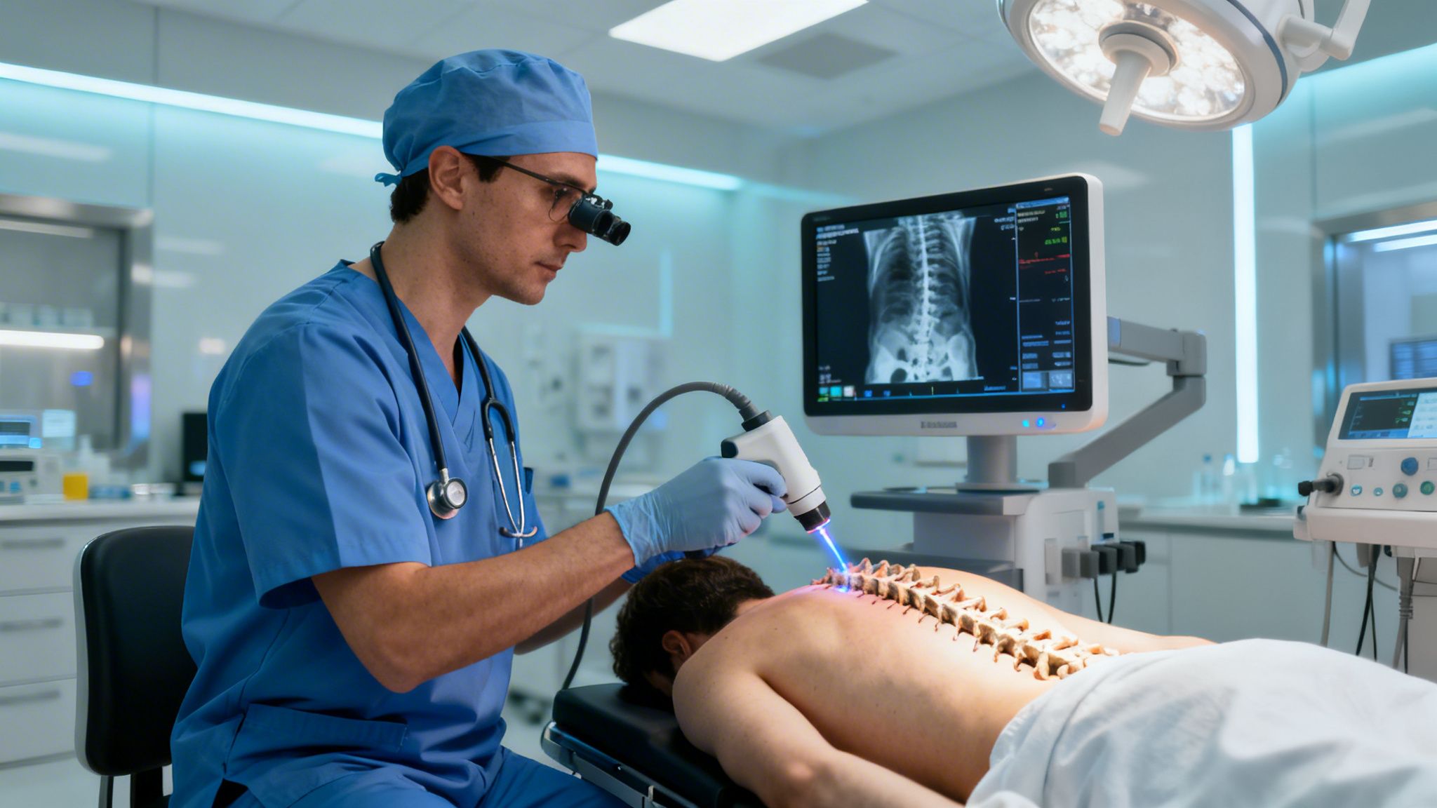 A doctor uses a laser device to perform spinal treatment on a patient lying on a table.
