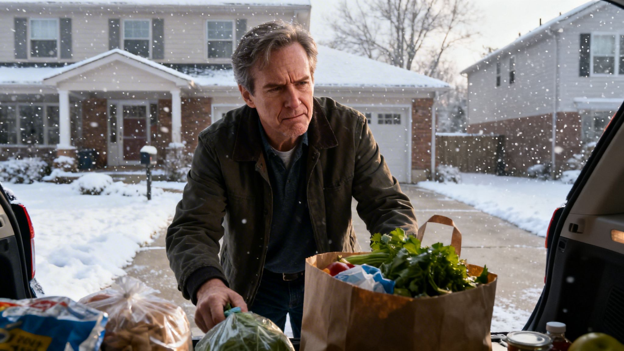 An older man unloading groceries from his car trunk on a cold, snowy day at home.