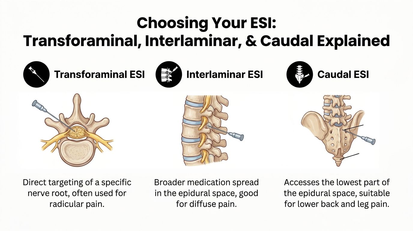 epidural steroid injection for back pain esi types That is where an epidural steroid injection for back pain can make sense. It is not a last resort, and it is not the same as surgery. It sits in the middle ground between basic conservative care and a more invasive spine procedure. For the right patient, that middle ground matters. It can calm an irritated spinal nerve, reduce pain enough to move again, and create a real opportunity to rebuild function. Epidural Steroid Injection for Back Pain Relief Infographic