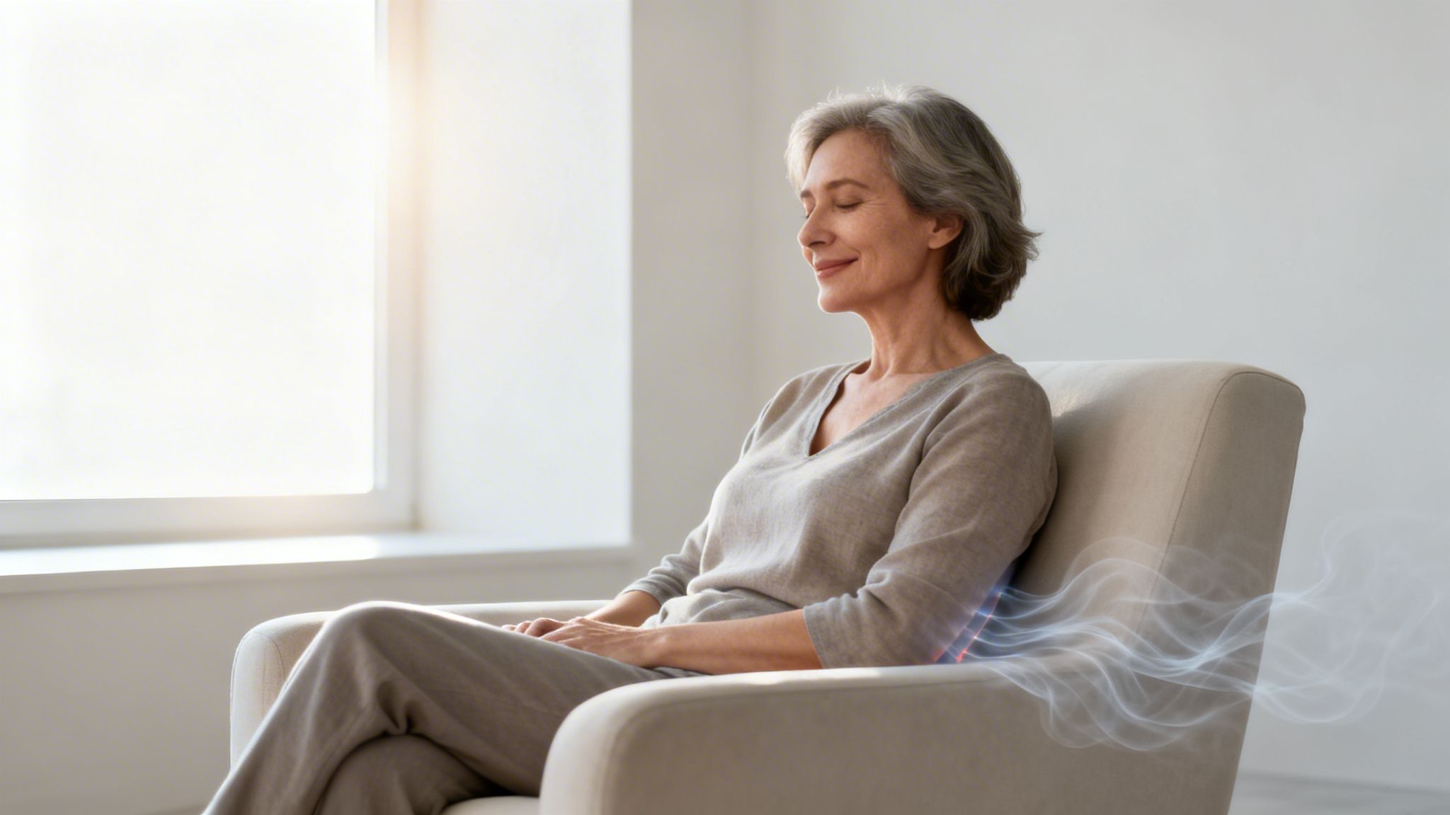 A relaxed senior woman sitting in a comfortable armchair experiencing therapeutic relief with smoke effects.