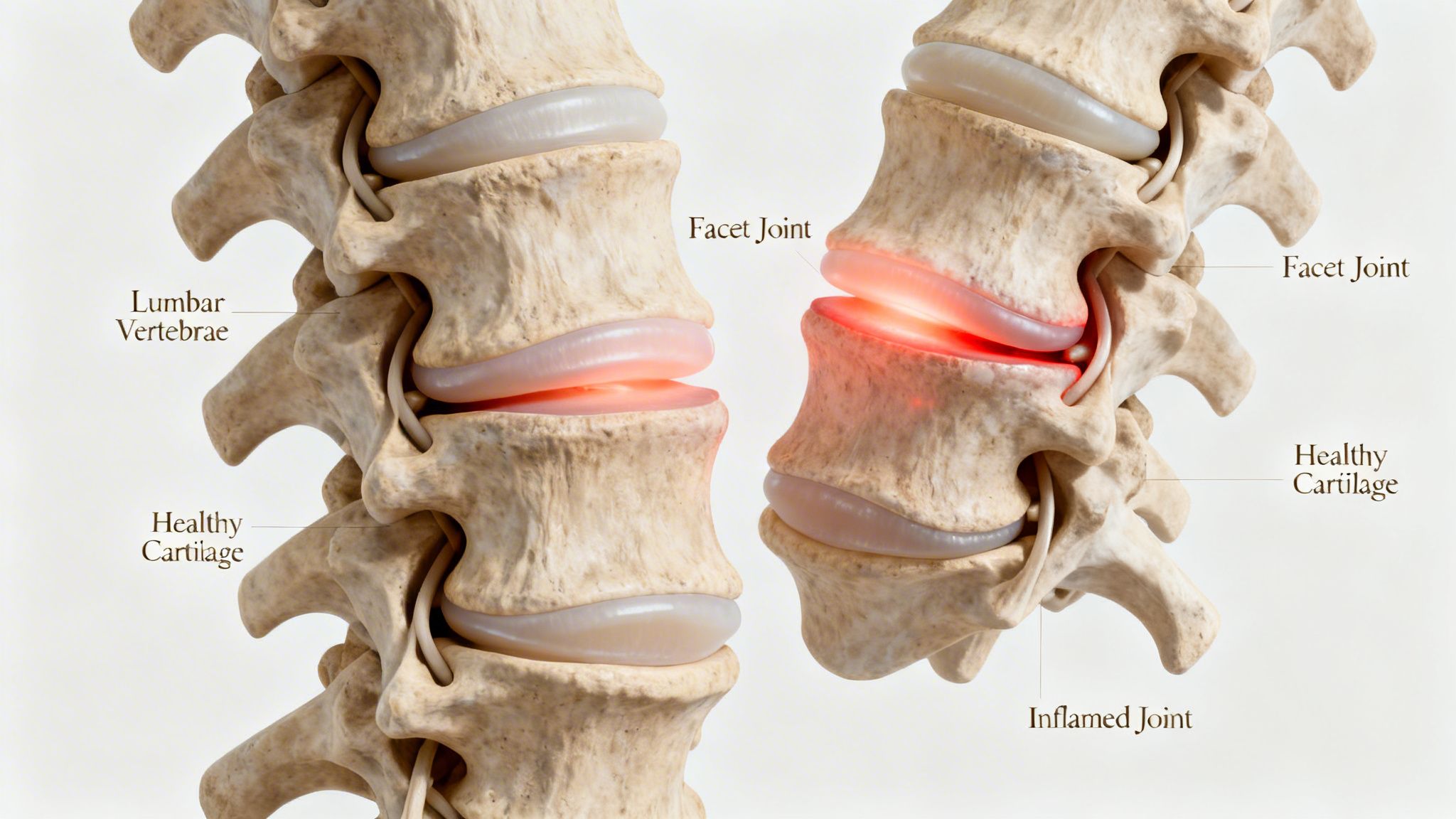 A 3D anatomical illustration showing a healthy human spine compared to one with an inflamed facet joint.