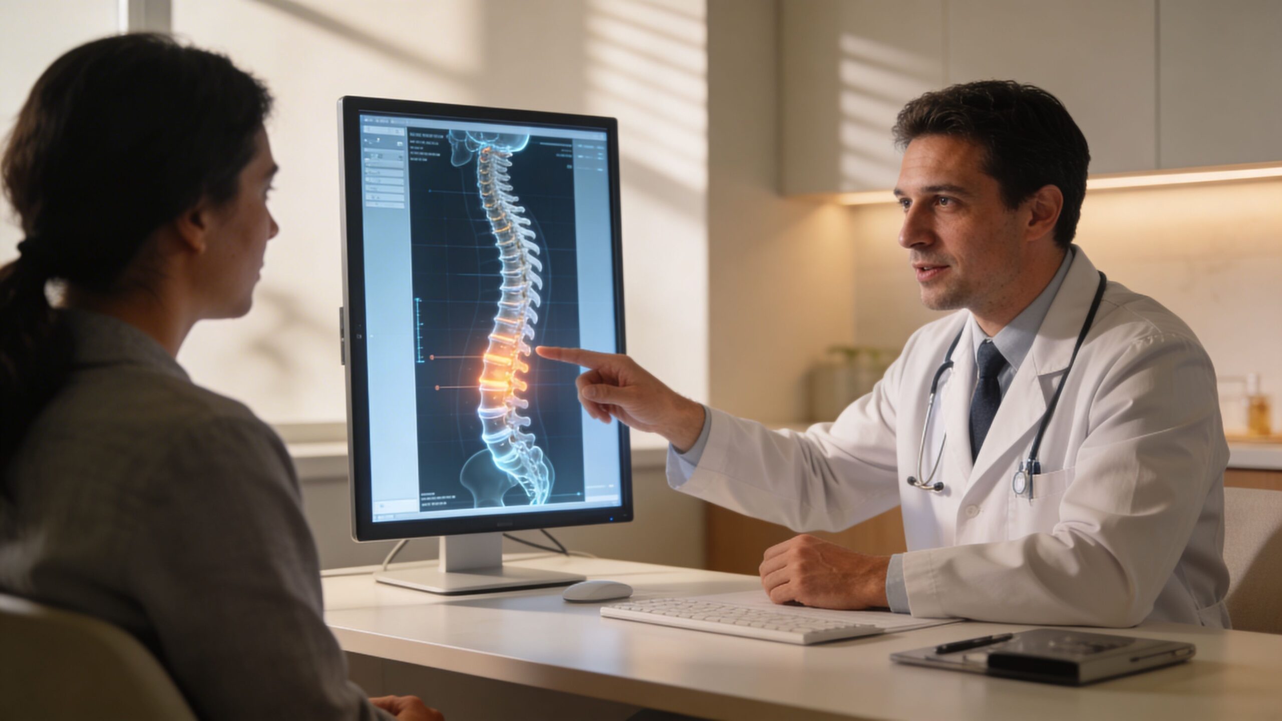 A male doctor explains a digital spinal column image on a monitor to a female patient.