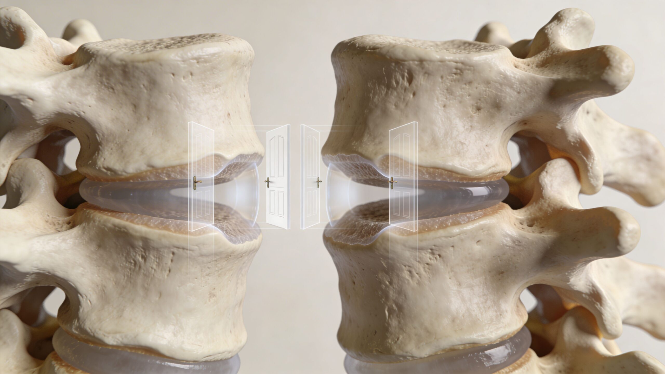 A conceptual medical illustration of human spinal vertebrae with metaphorical doorways inside the intervertebral discs.