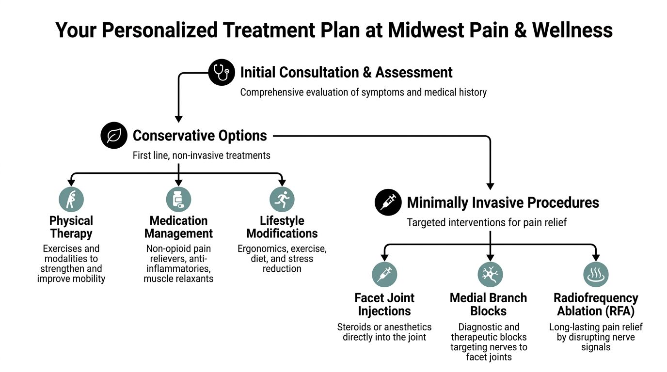 Flowchart showing a personalized treatment plan for pain, covering initial consultation, conservative options, and minimally invasive procedures.
