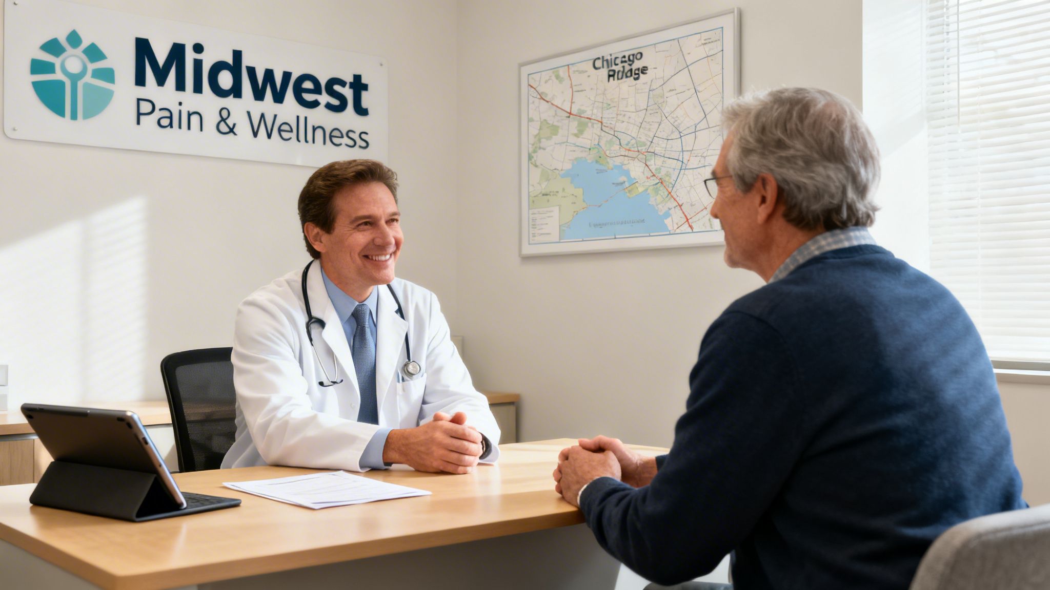 A smiling doctor in a white coat consults with an older male patient at a medical clinic.