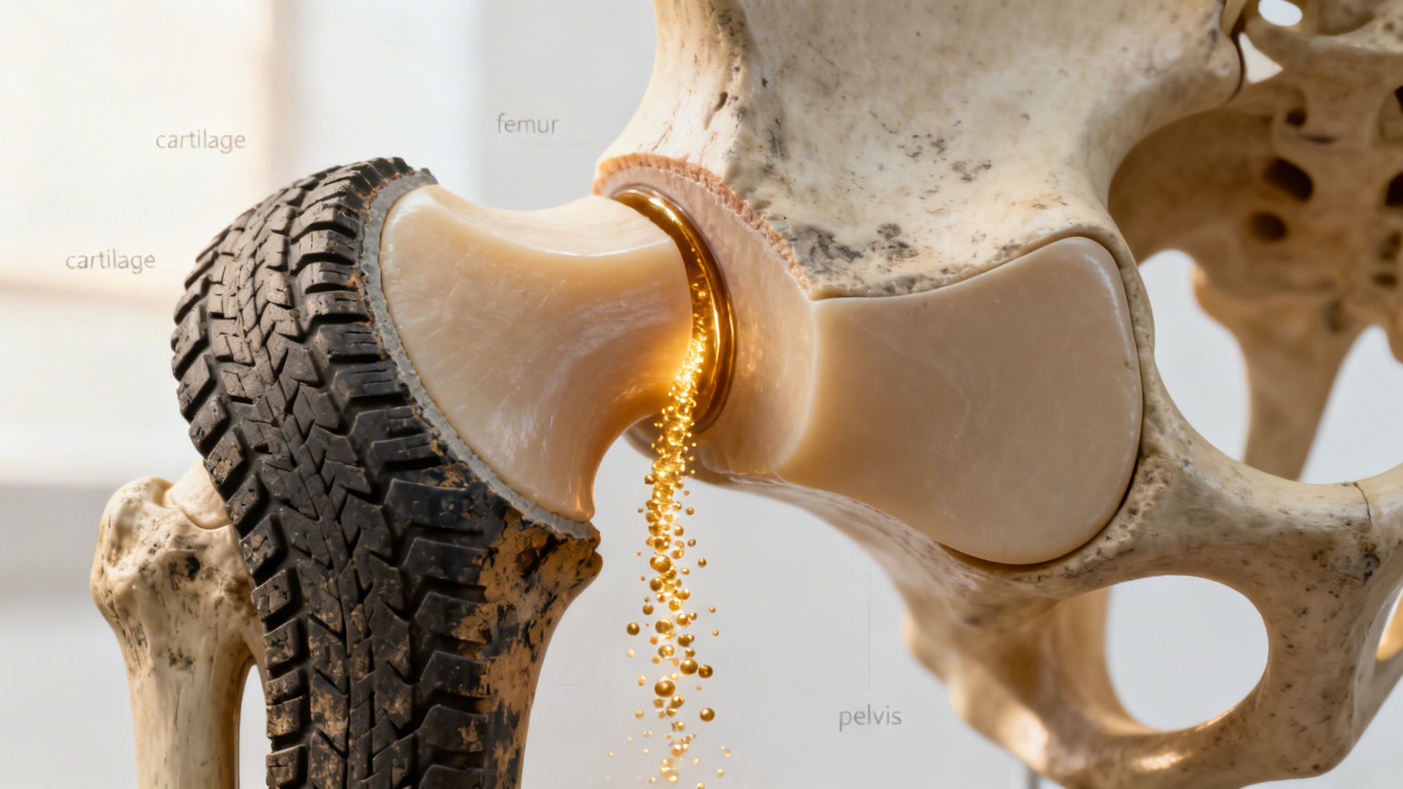 Conceptual image of a hip joint with a tire-patterned femur and golden fluid, symbolizing joint lubrication and treatment.