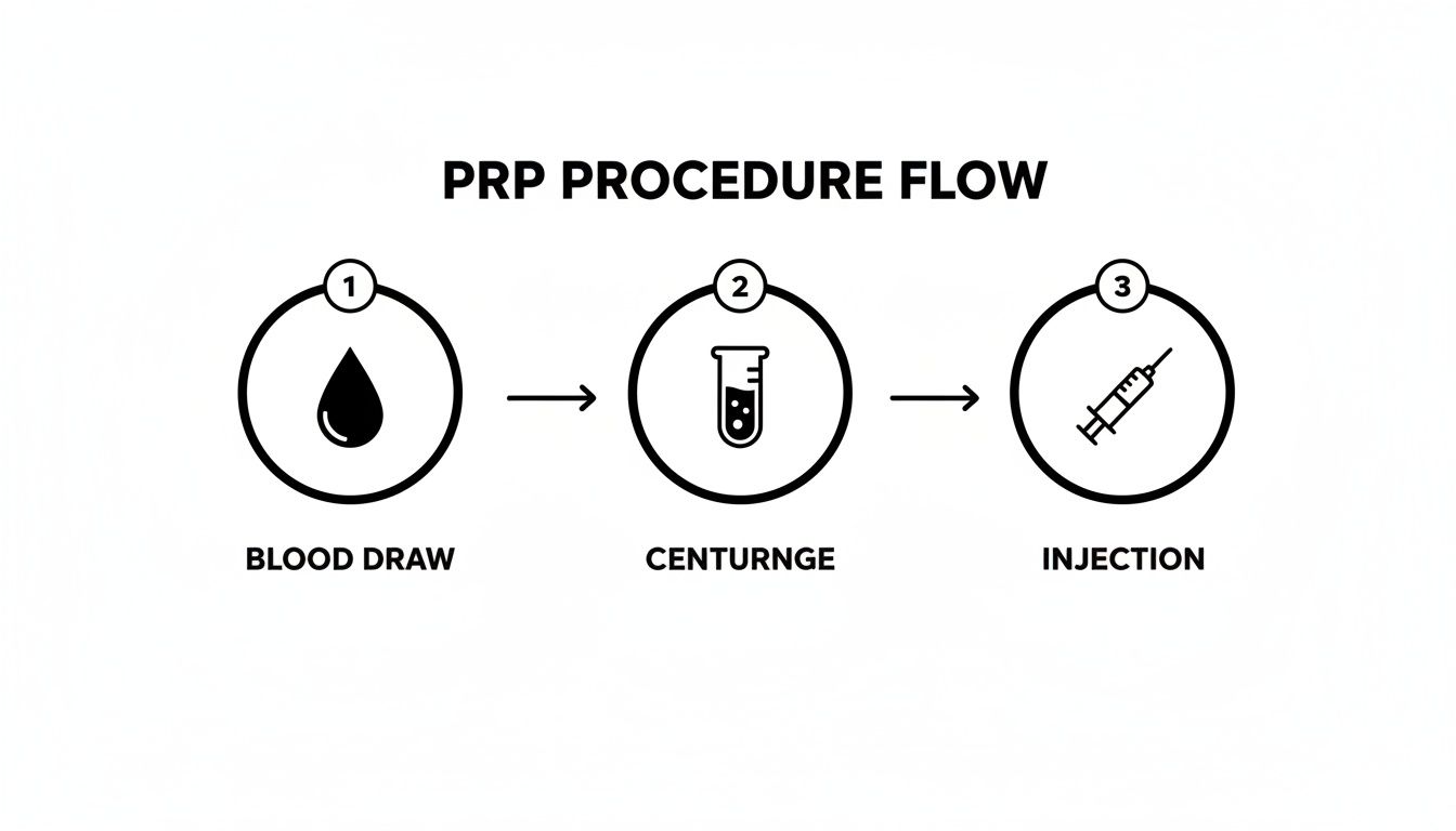 An infographic depicts the PRP procedure flow with three steps: blood draw, centrifugation, and injection.