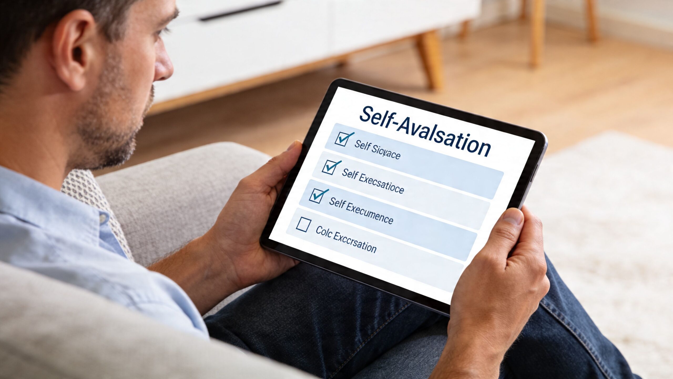 A man sitting on a couch holding a digital tablet displaying a self-evaluation checklist.
