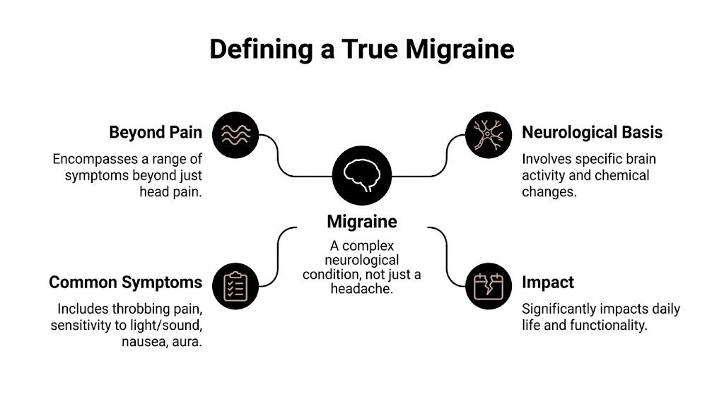 A diagram defining a true migraine as a complex neurological condition, listing symptoms and impacts.