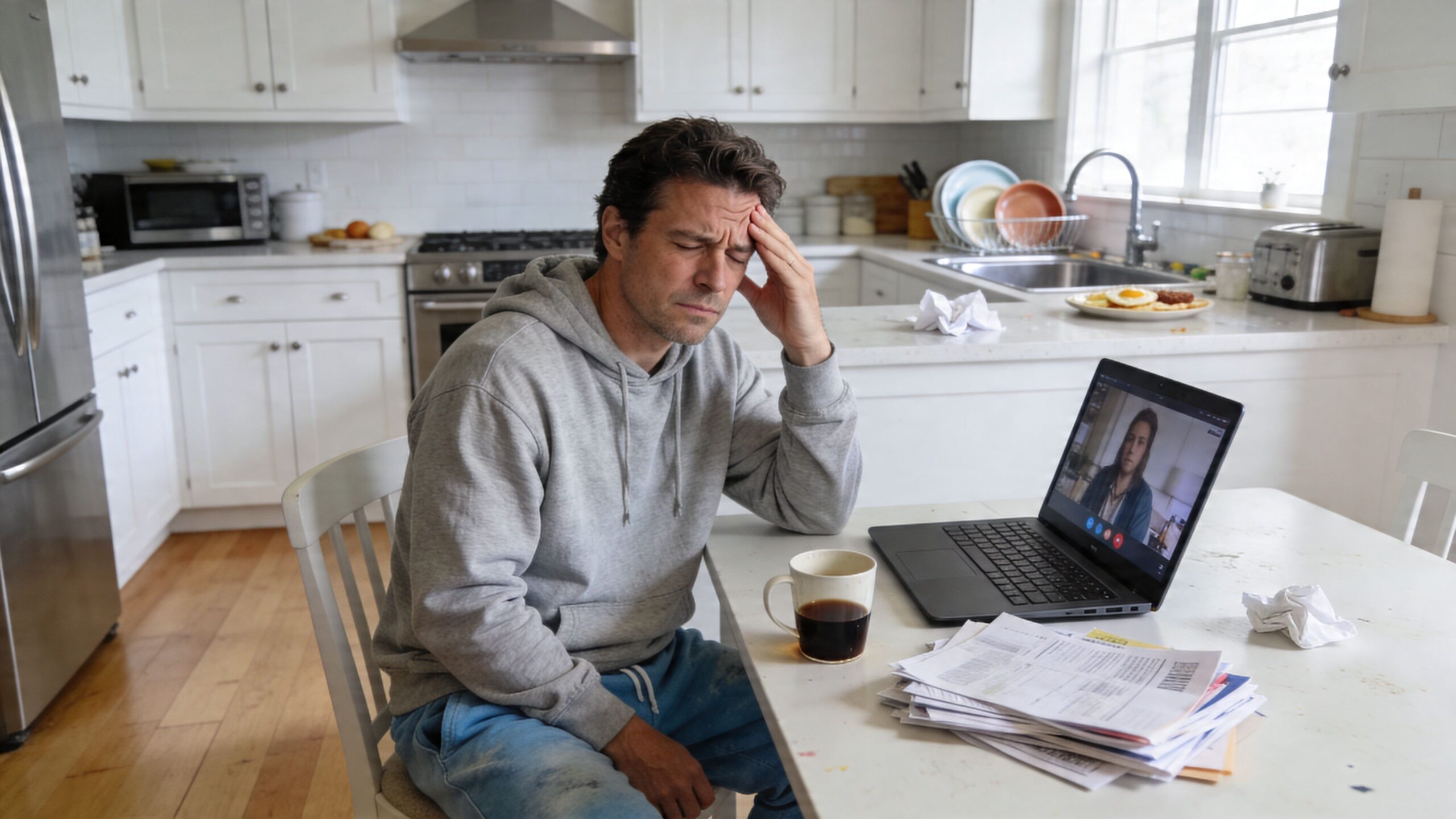 A man looking stressed while sitting at a kitchen table with a laptop, coffee, and paperwork.