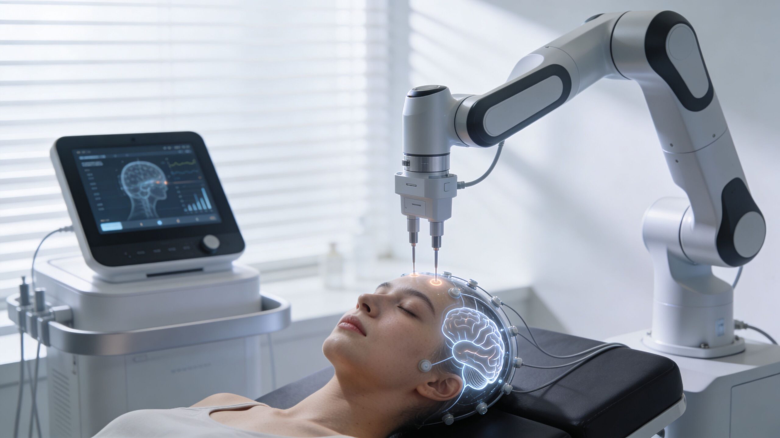 A robotic medical device performing brain stimulation on a woman lying down with a digital brain visualization.
