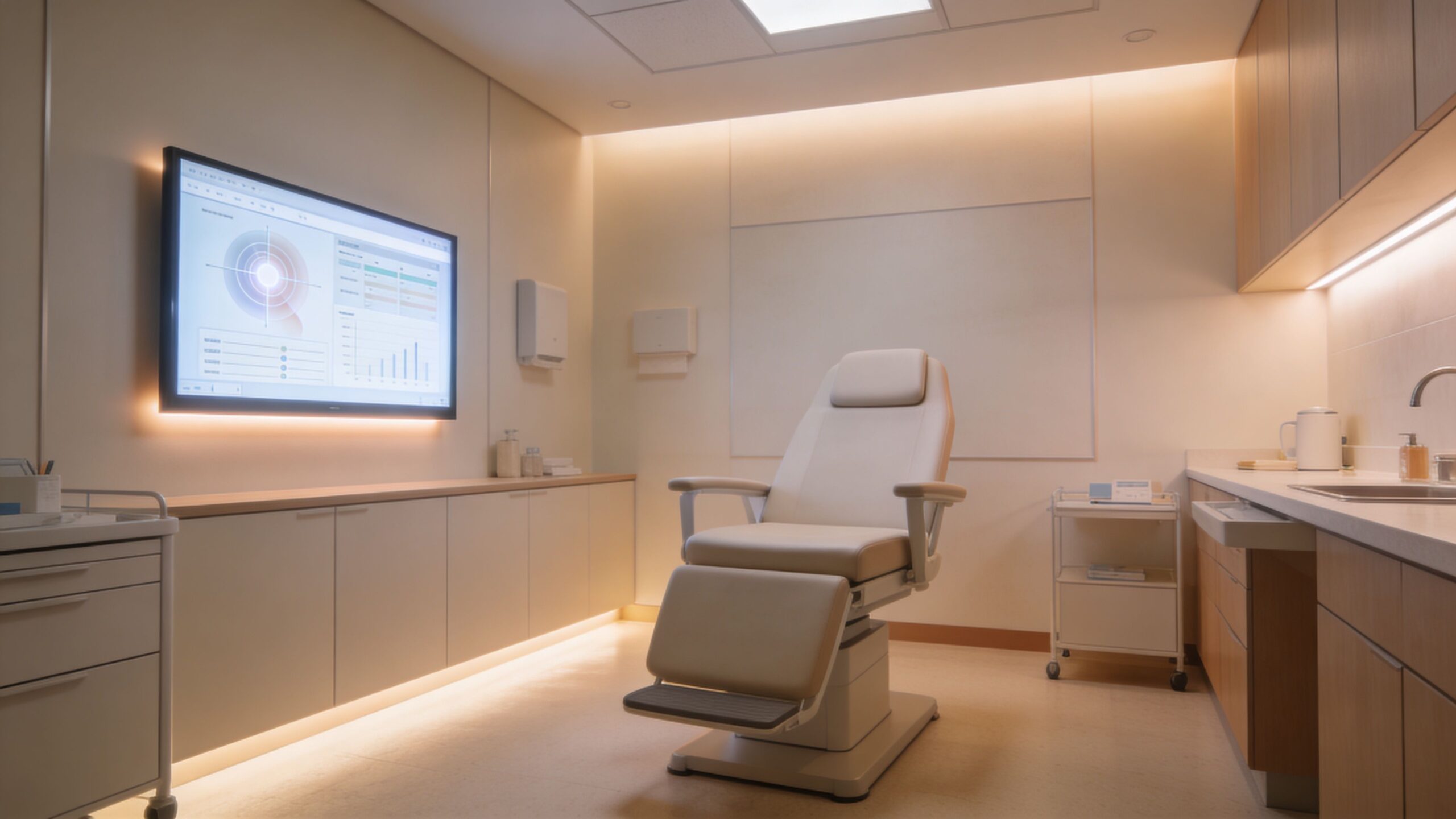 A modern, well-lit medical examination room with an adjustable patient chair and a digital diagnostic display screen.