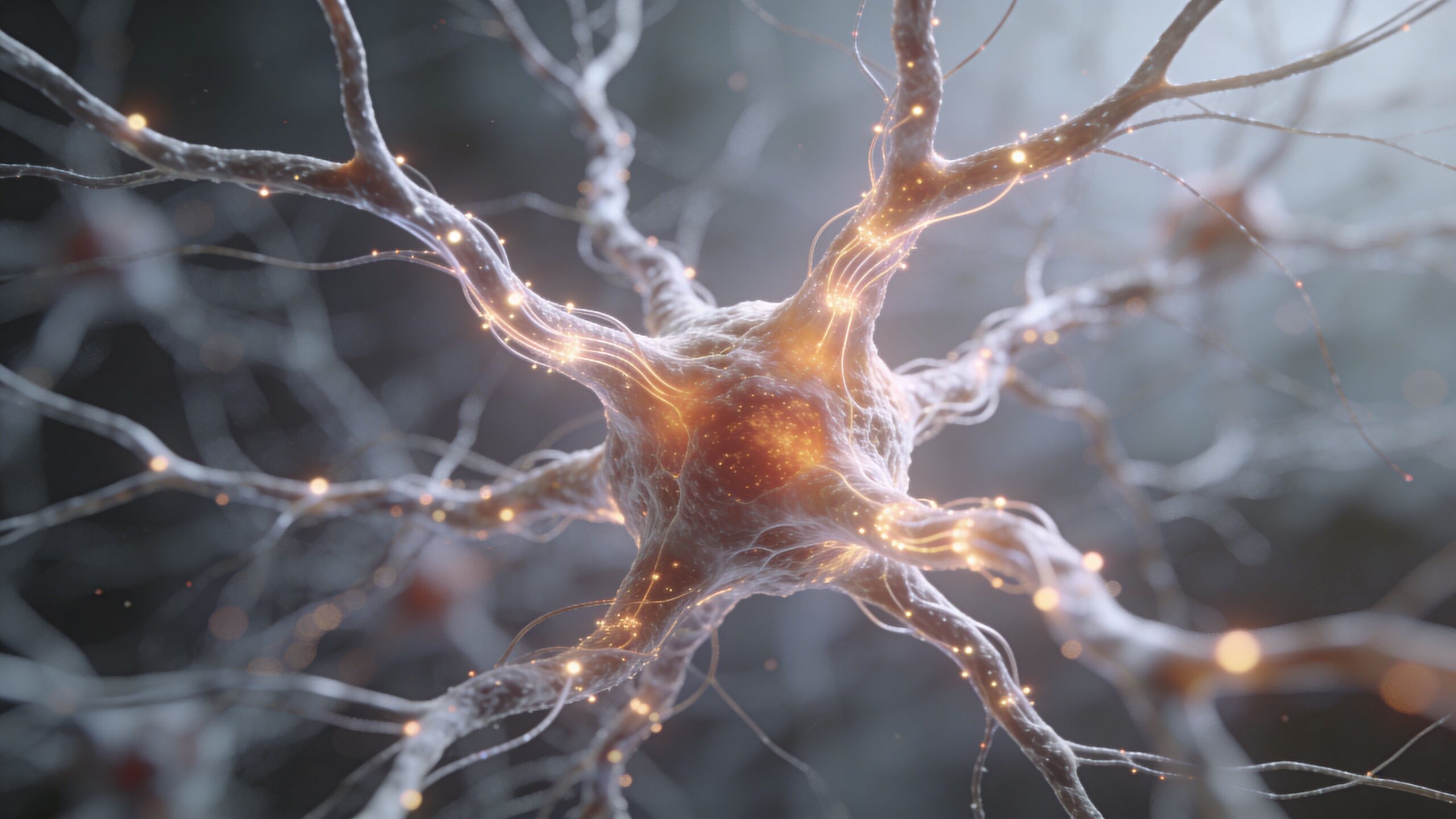 A detailed 3D rendering of a human neuron cell glowing with electrical signals representing brain activity.