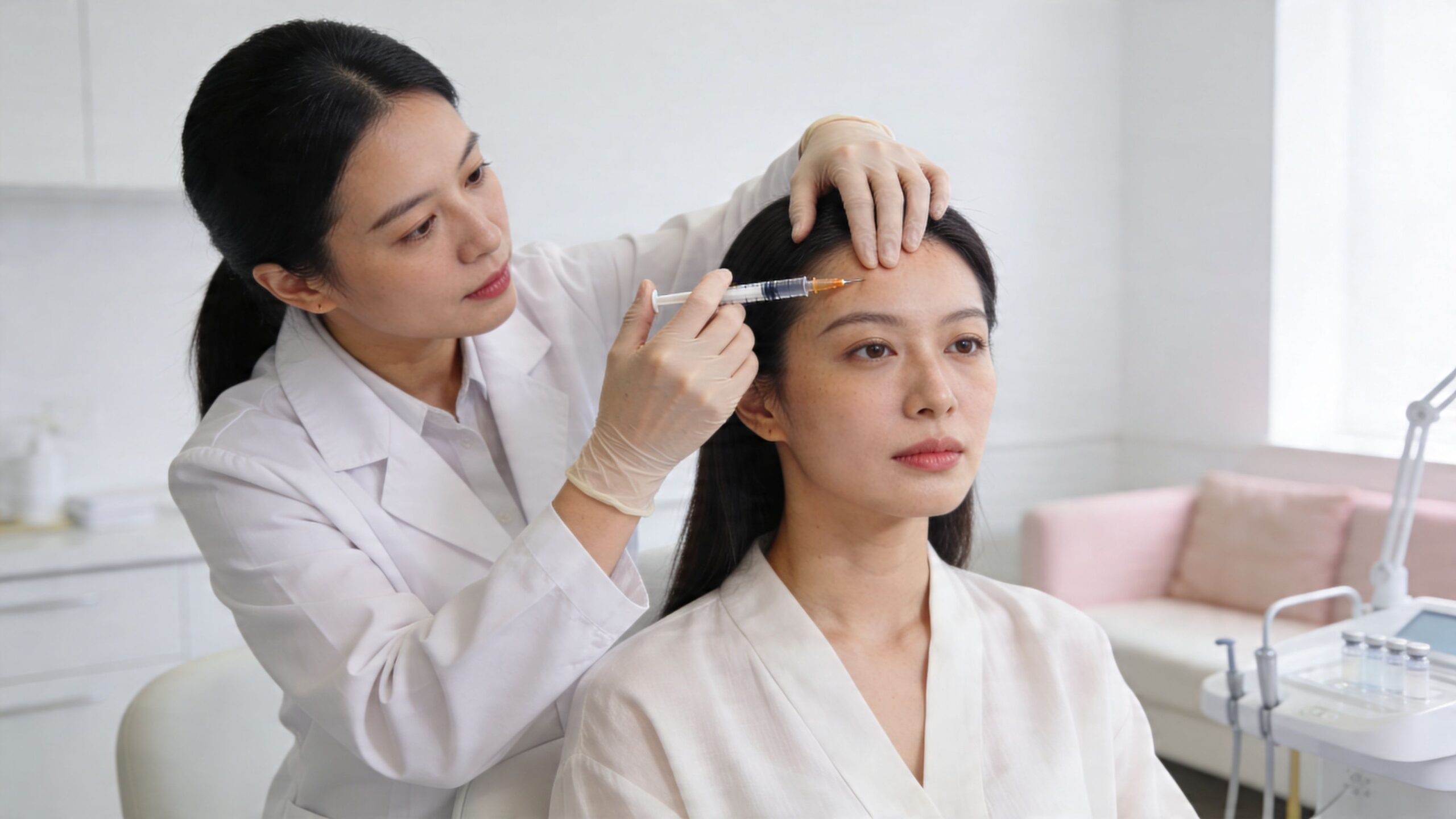 A professional doctor performing a cosmetic injectable treatment on a patient's forehead in a clinic.