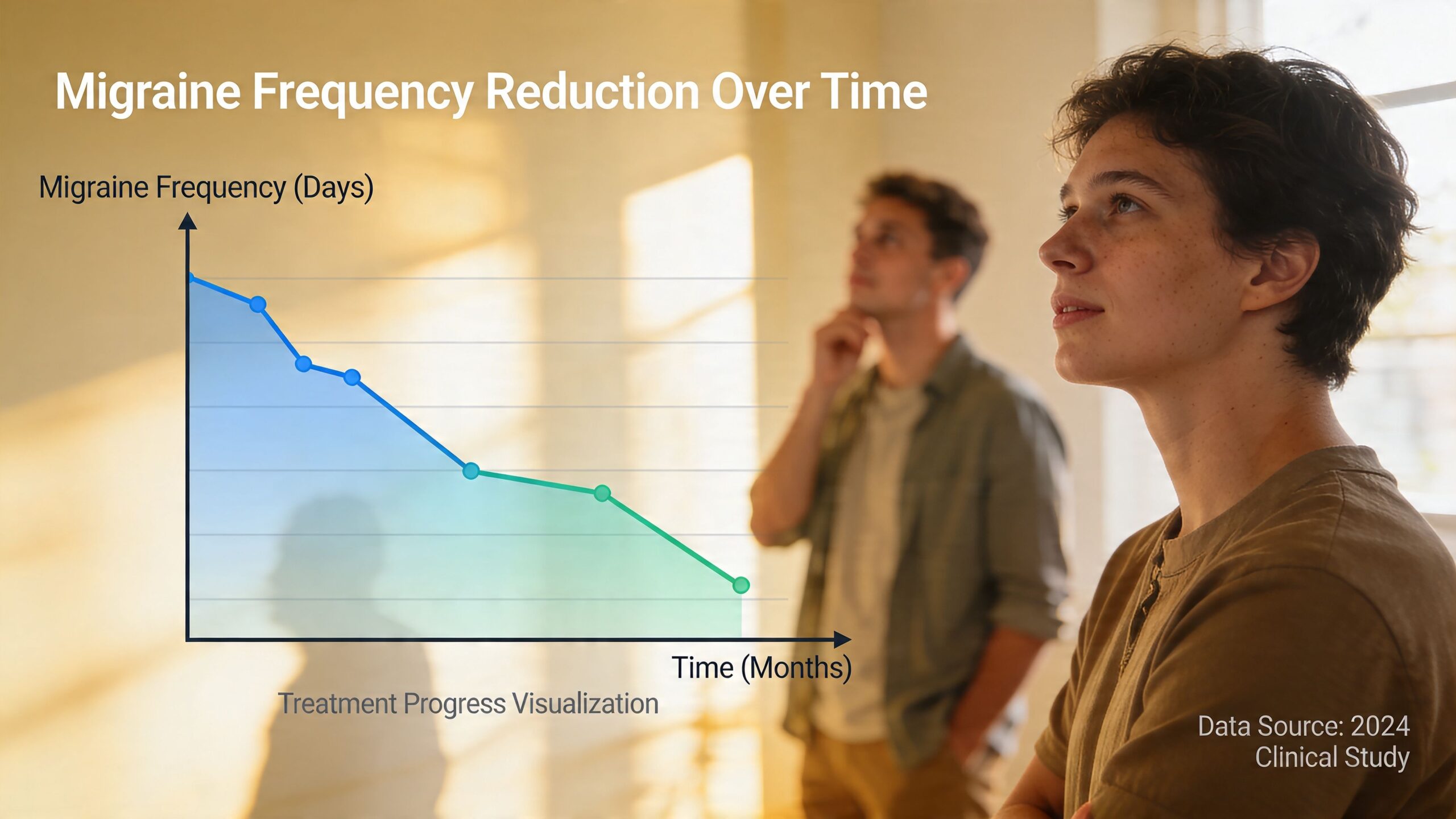A chart showing a decline in migraine frequency over time displayed alongside two people observing.