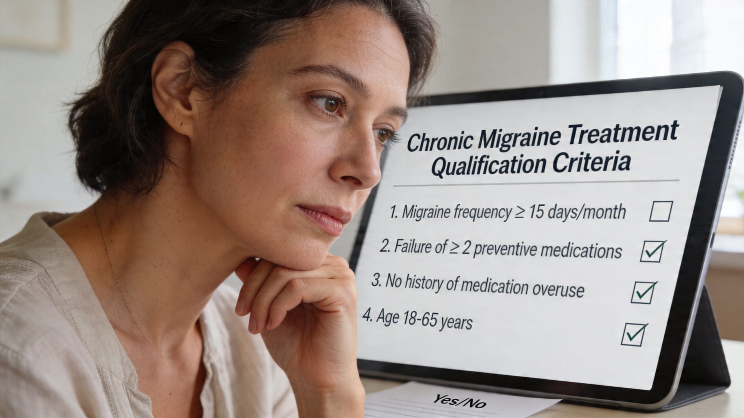 A woman looks thoughtfully at a tablet screen displaying chronic migraine treatment qualification criteria checklist.