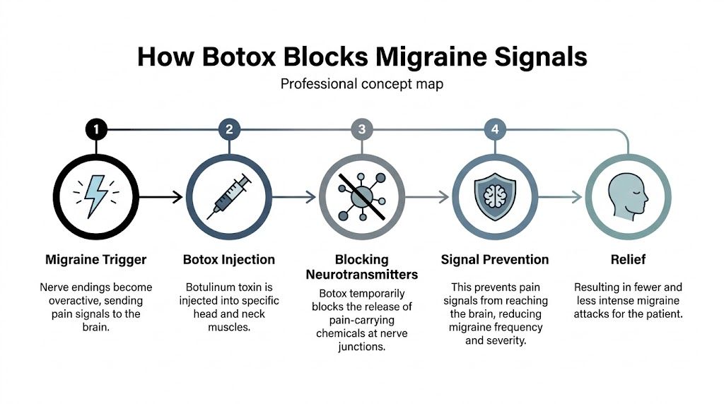 A professional concept map illustrating the step-by-step process of how Botox injections help relieve migraine symptoms.
