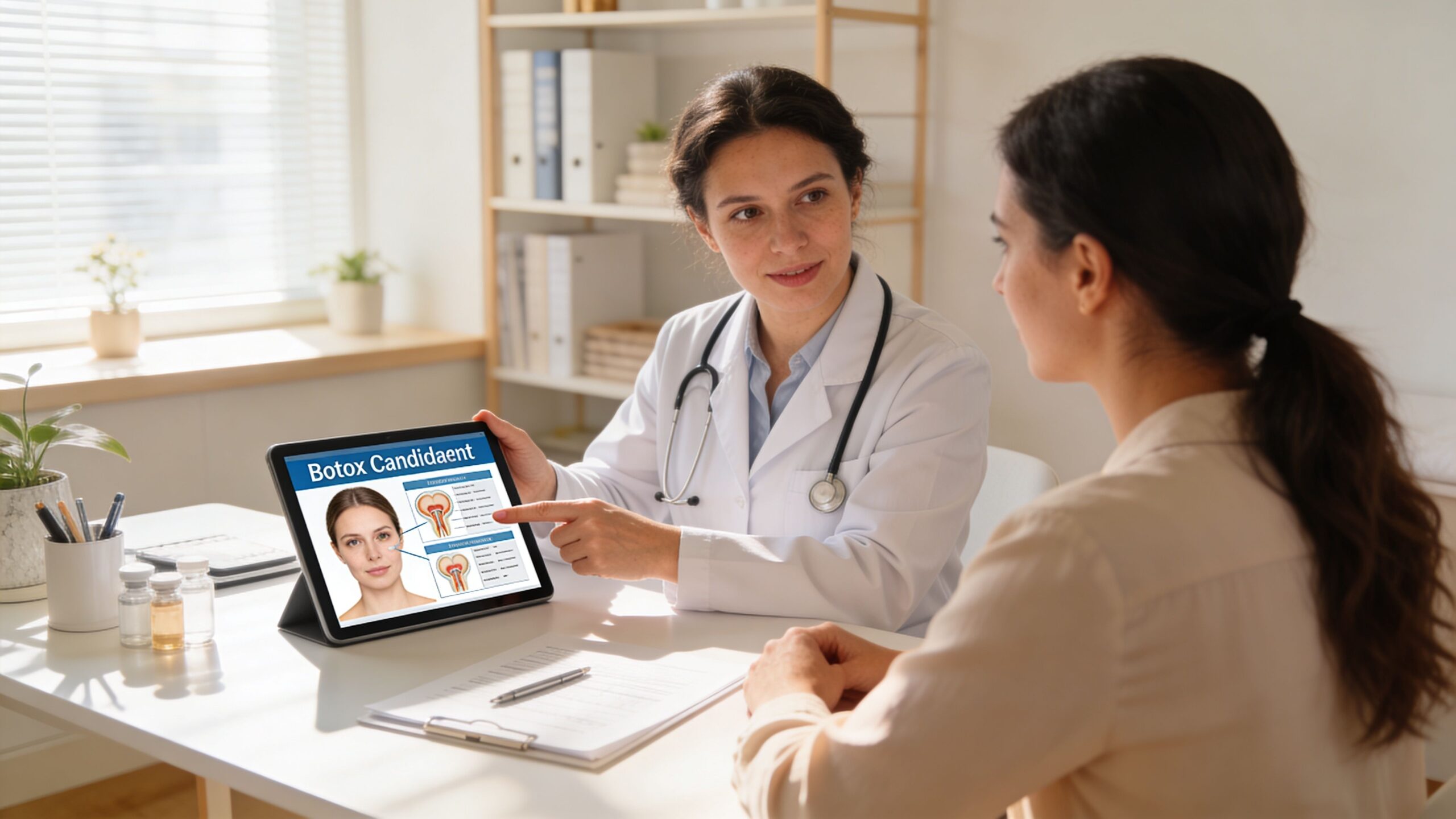 A female doctor in a white coat explains Botox treatment options to a patient using a tablet.