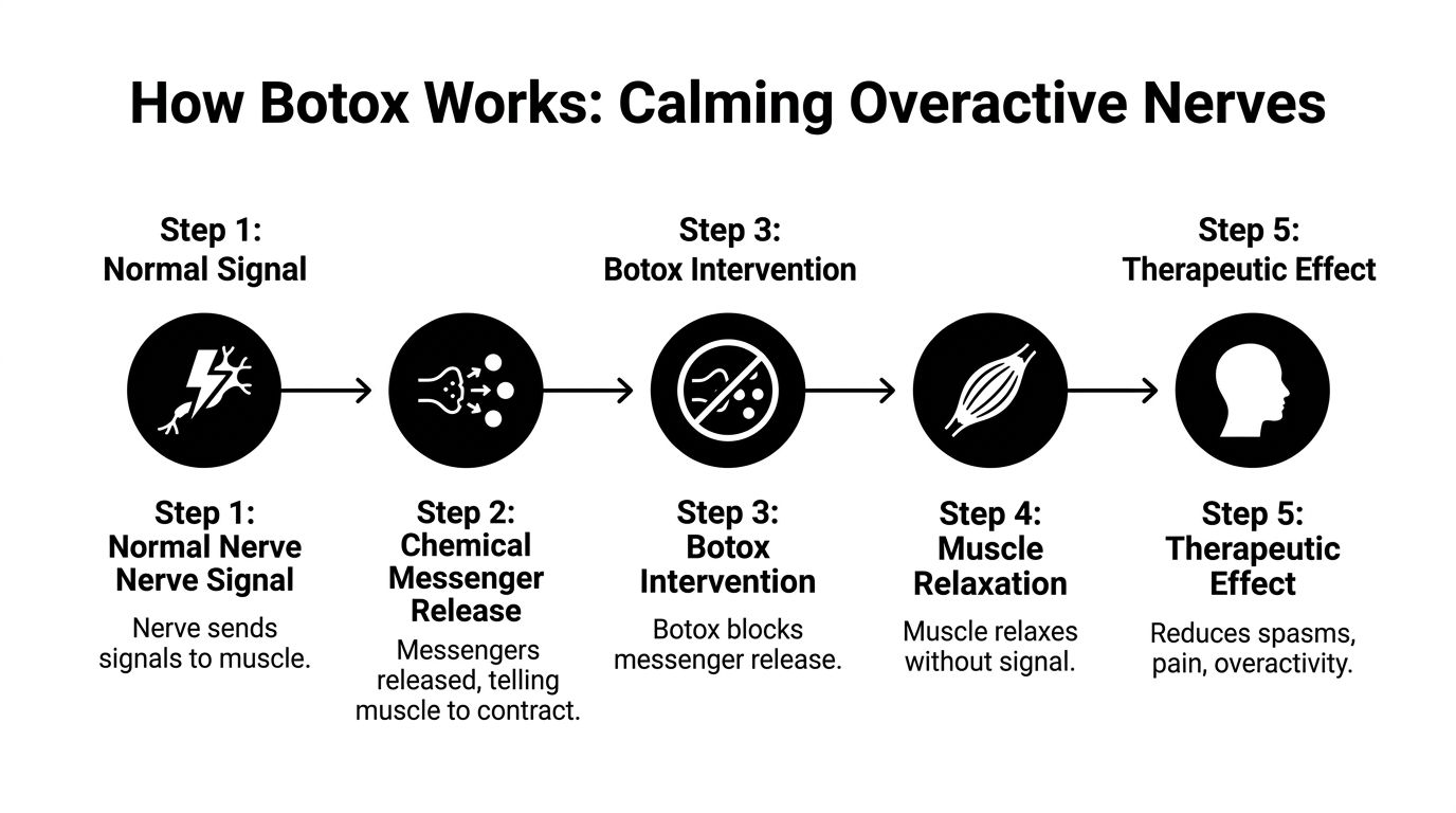 A five-step diagram explaining how Botox works by blocking nerve signals to cause muscle relaxation.