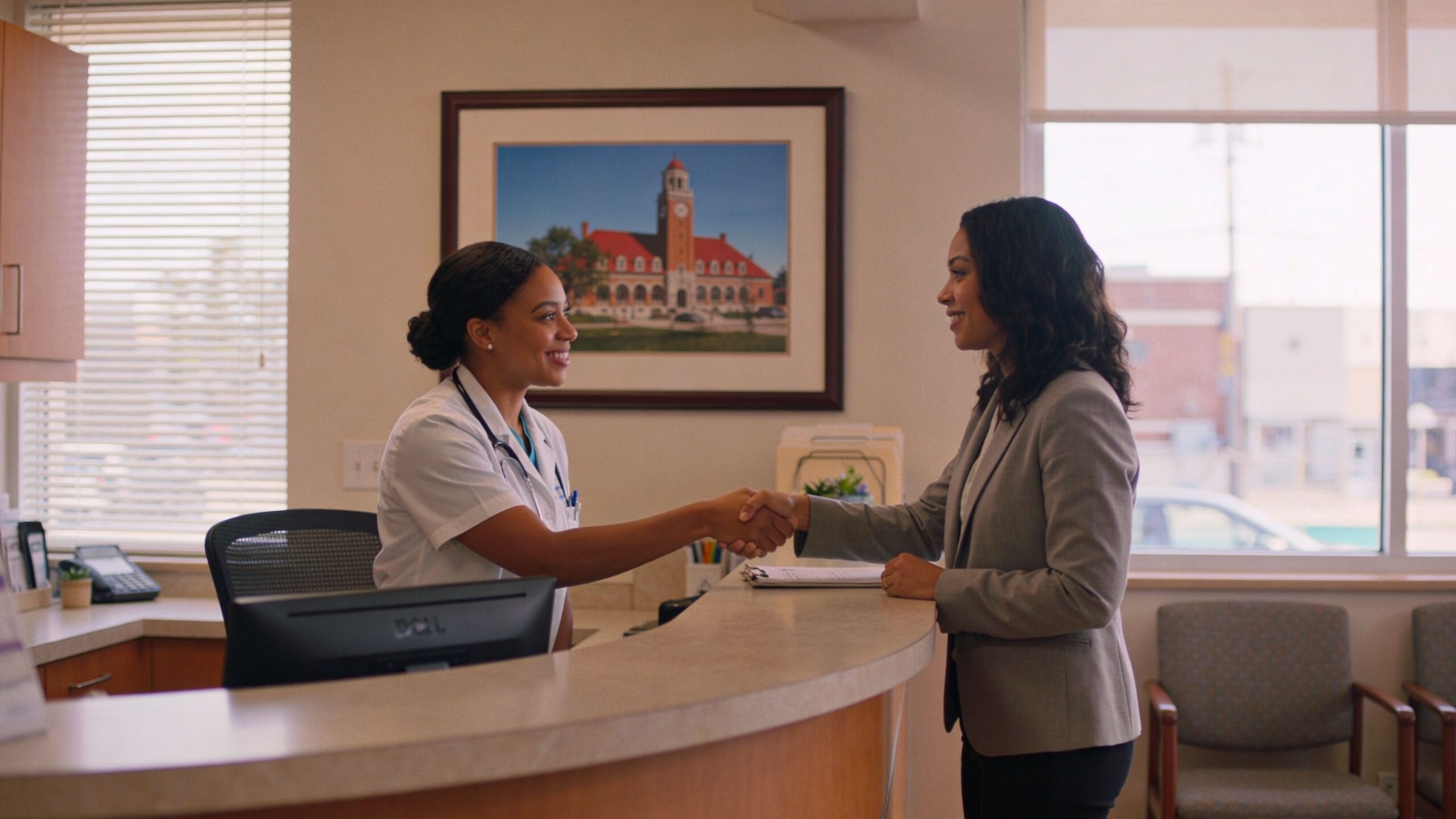 A smiling healthcare professional shakes hands with a business professional at a medical office reception desk.