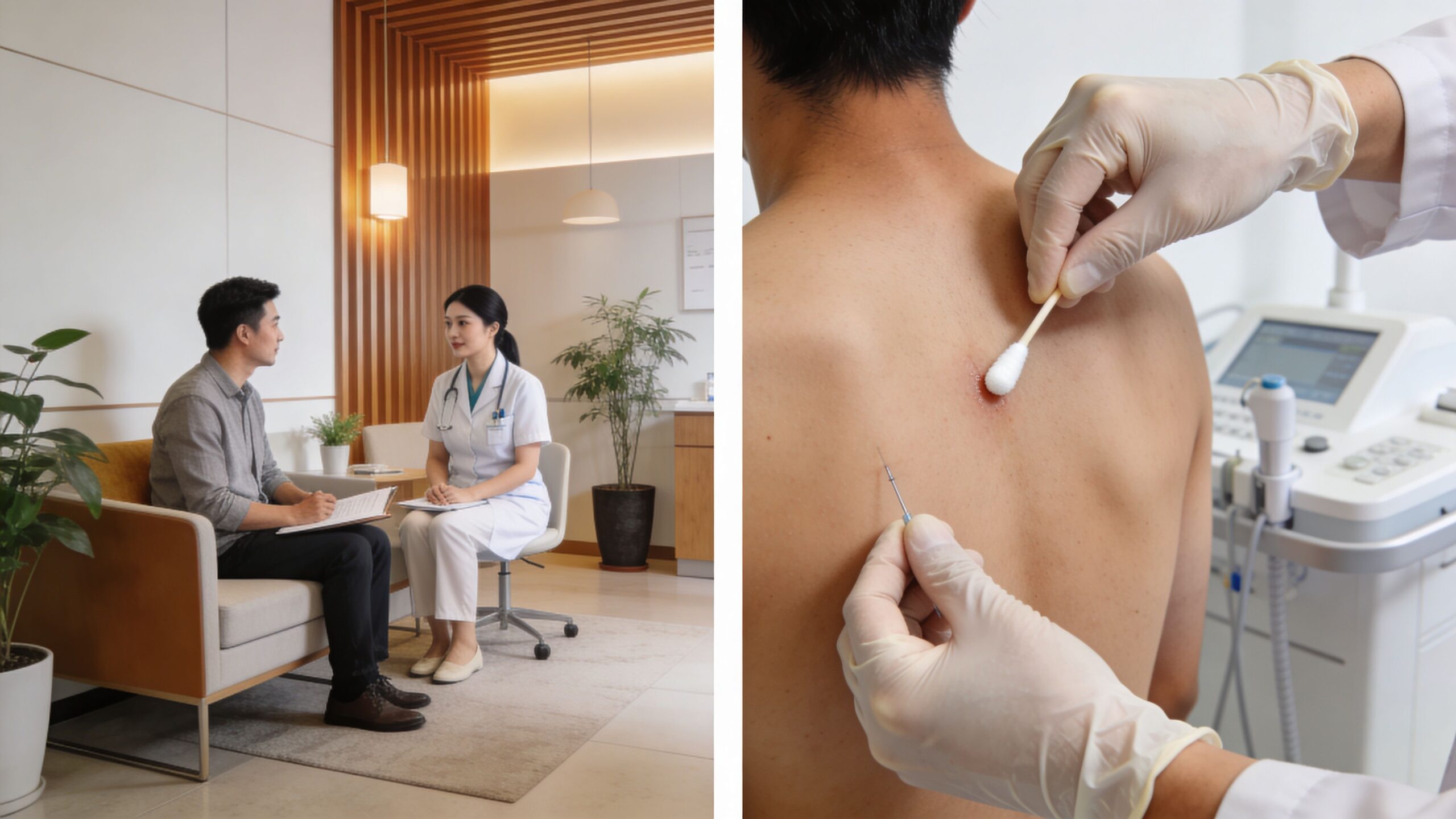 A doctor consults a patient in an office and performs a medical procedure on a patient's back.