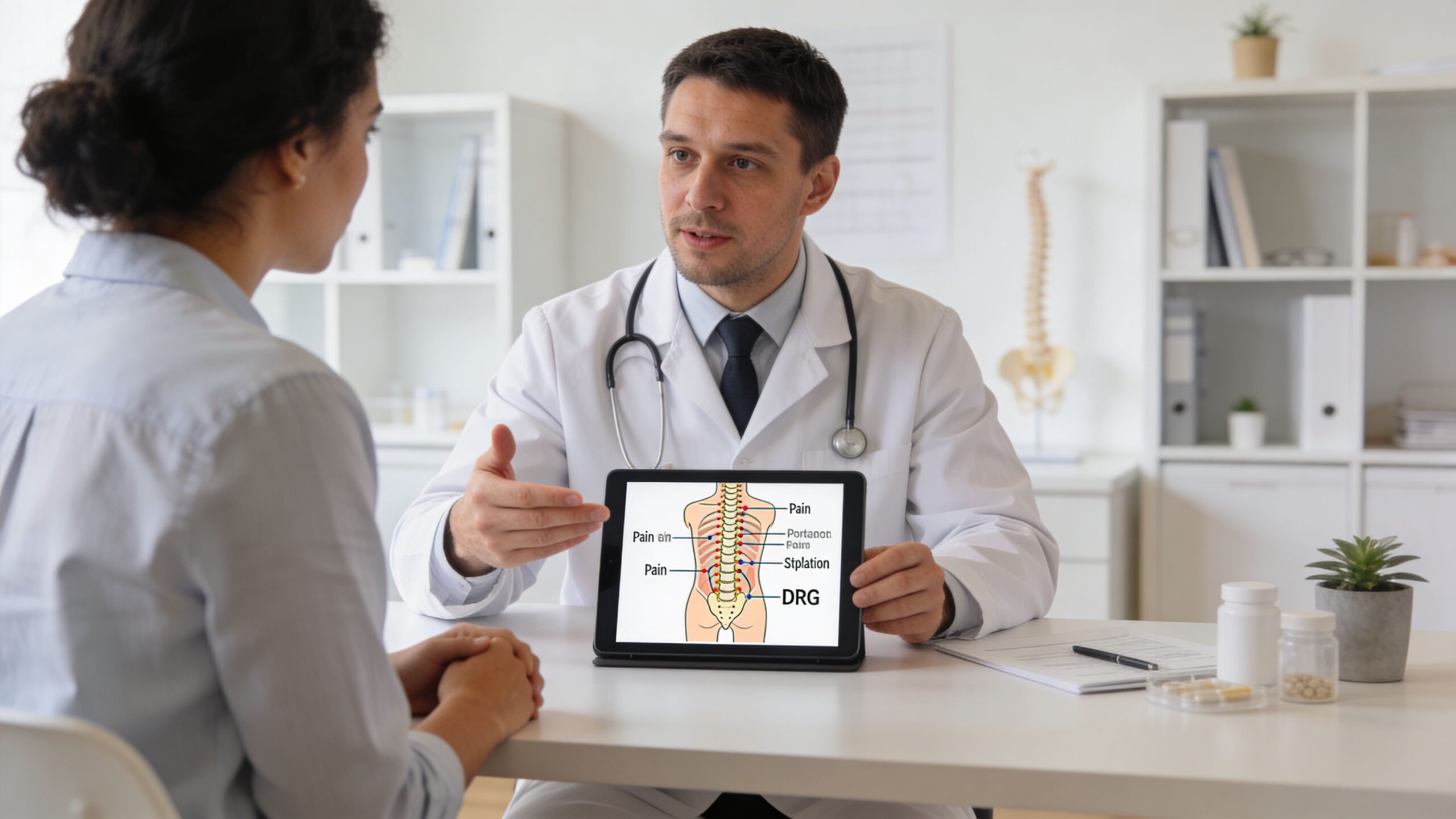 A male doctor in a white coat explains a spinal anatomy diagram on a tablet to a patient.