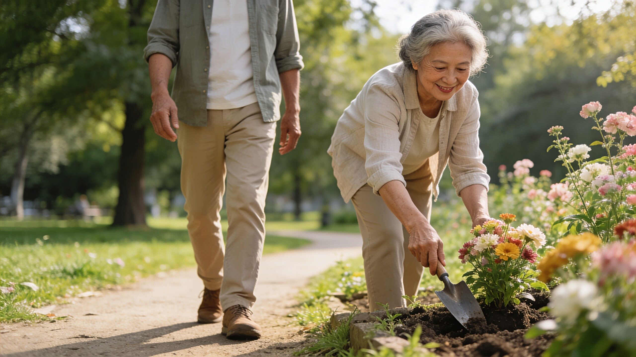 An elderly couple enjoying outdoor leisure activities, with the woman gardening and the man walking nearby.