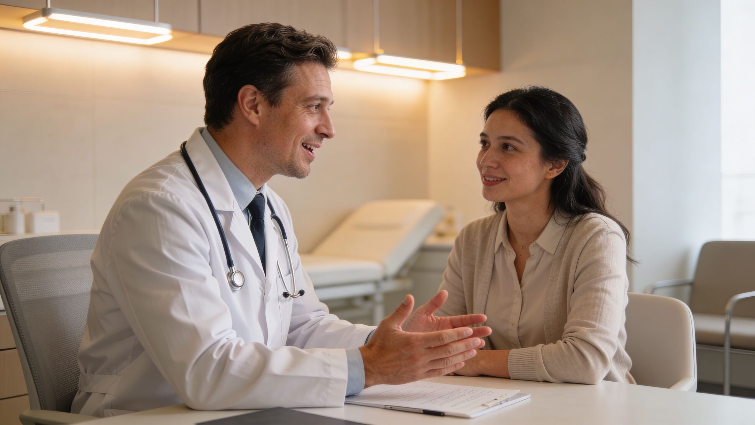 A male doctor in a white coat explaining a medical diagnosis to a female patient in office.
