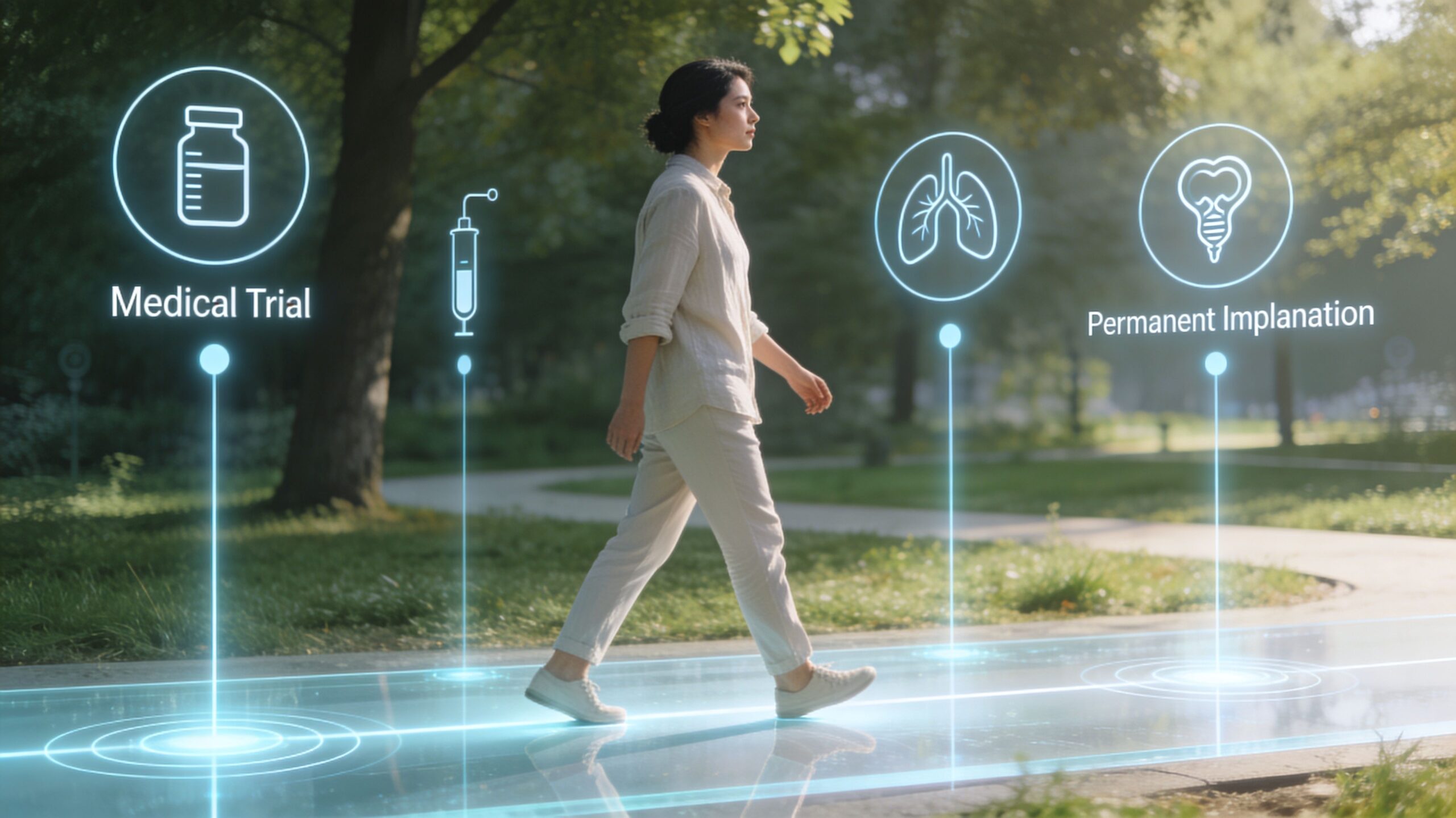 A woman walks on a digital path with floating medical icons representing medical trials and permanent implantation.