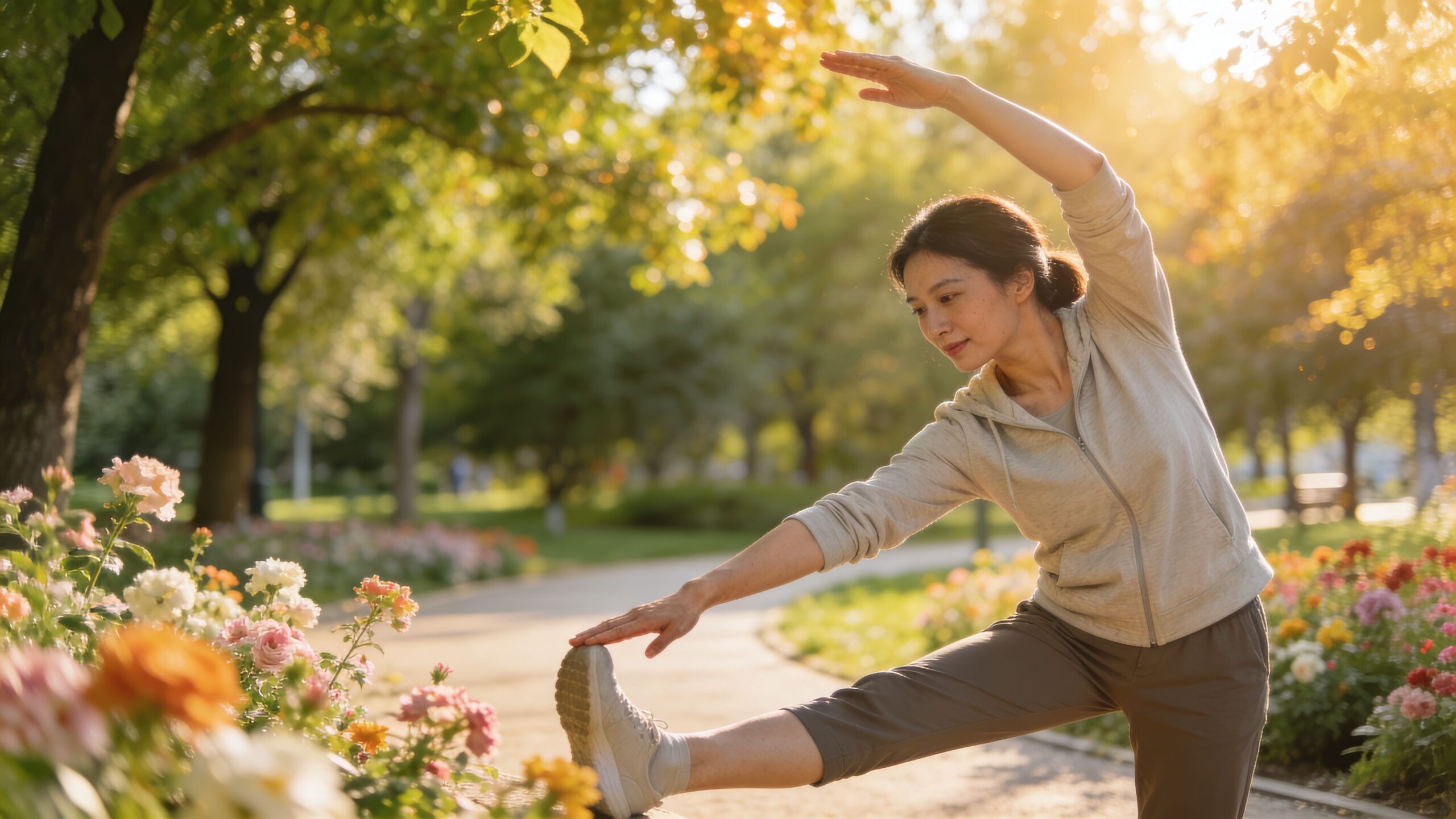 An Asian woman stretching outdoors in a park surrounded by blooming roses during a sunny morning.