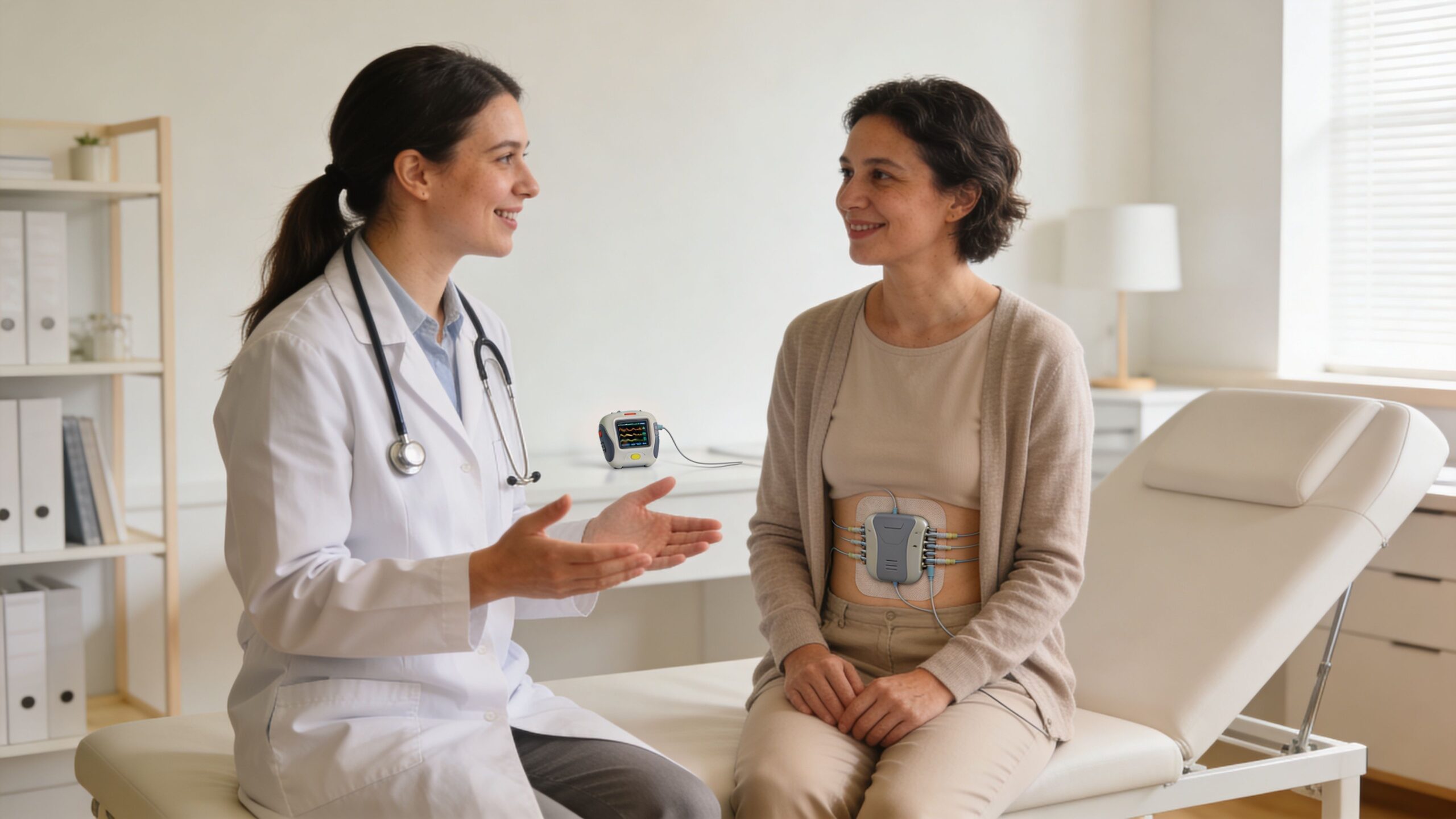 A female doctor speaking with a patient wearing a portable medical heart monitoring device on her abdomen.