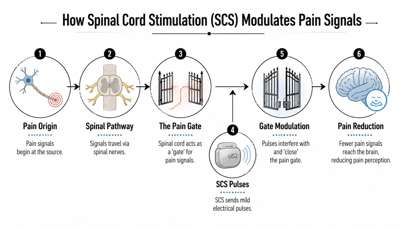 A diagram illustrating how Spinal Cord Stimulation (SCS) modulates pain signals through a gate control mechanism.