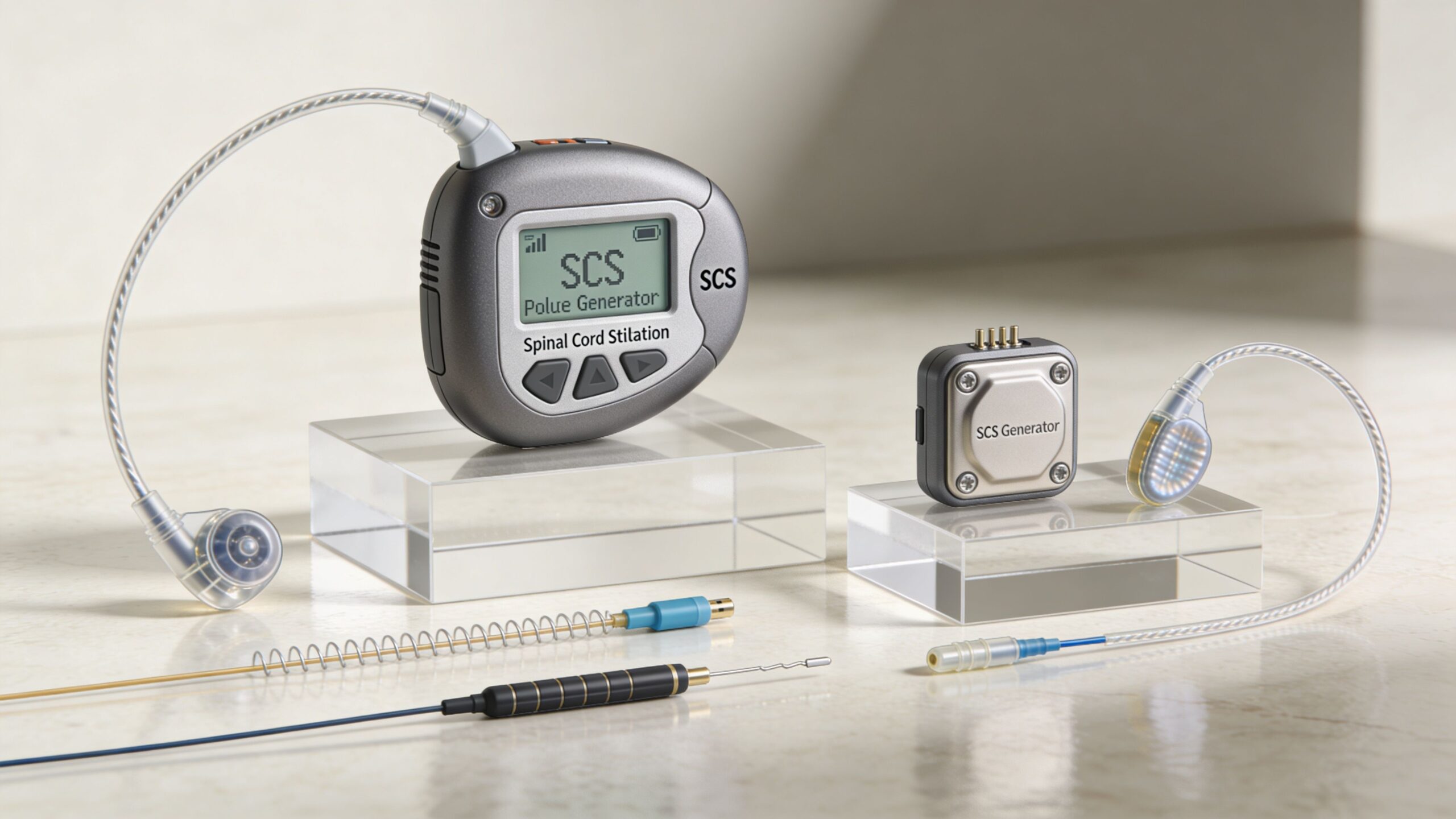A display of spinal cord stimulation devices including generators, leads, and controllers on a marble surface.