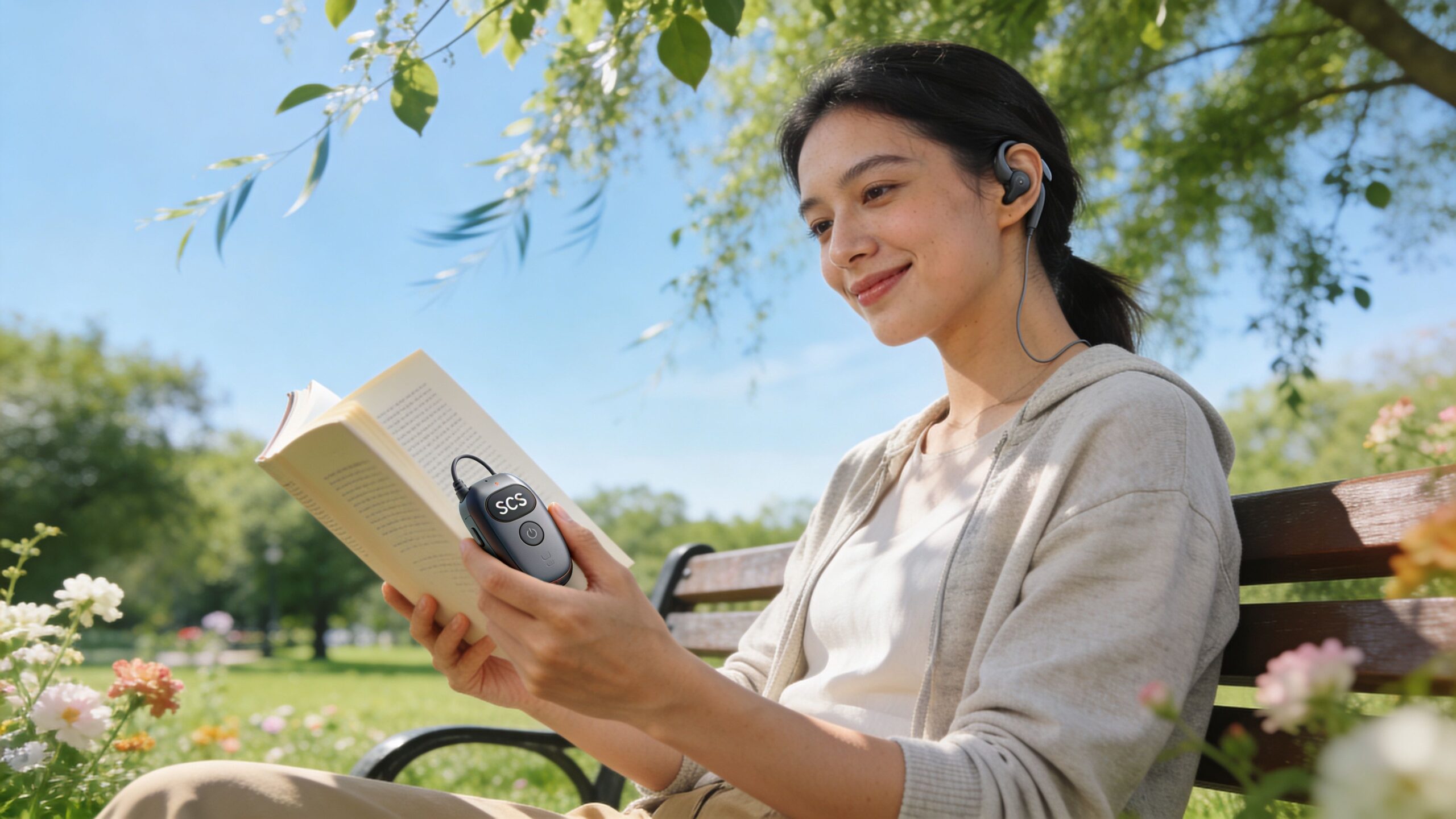 A smiling young woman sitting on a park bench reading a book while using an SCS device.