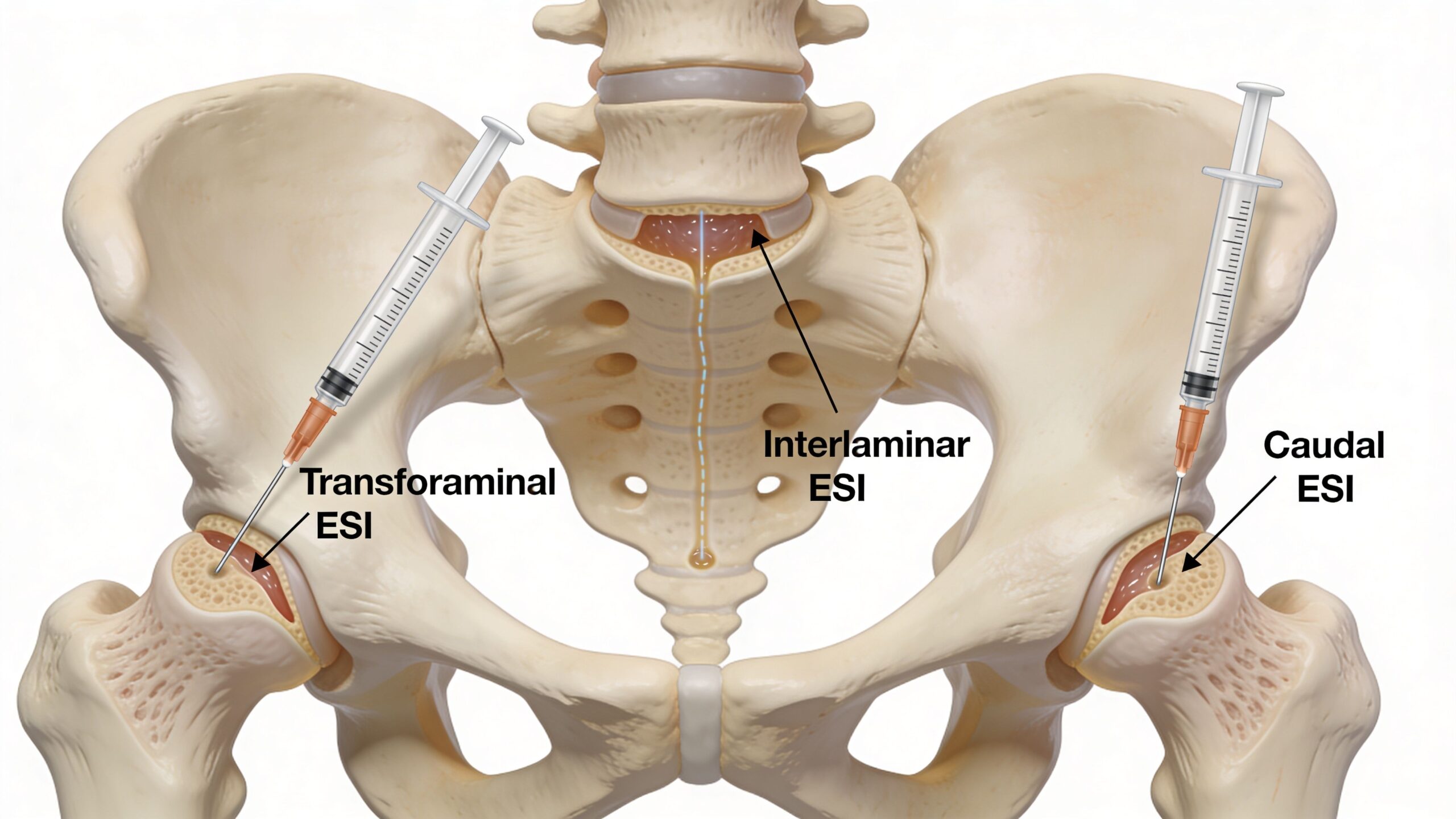 A medical illustration demonstrating different types of epidural steroid injections into the pelvic and spinal region.
