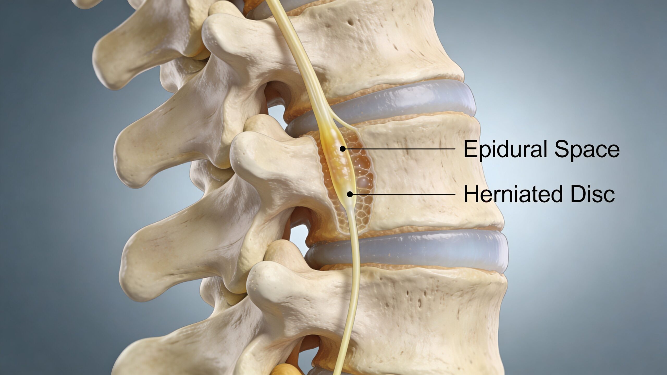 A 3D medical illustration showing a herniated spinal disc pressing on a nerve in the epidural space.
