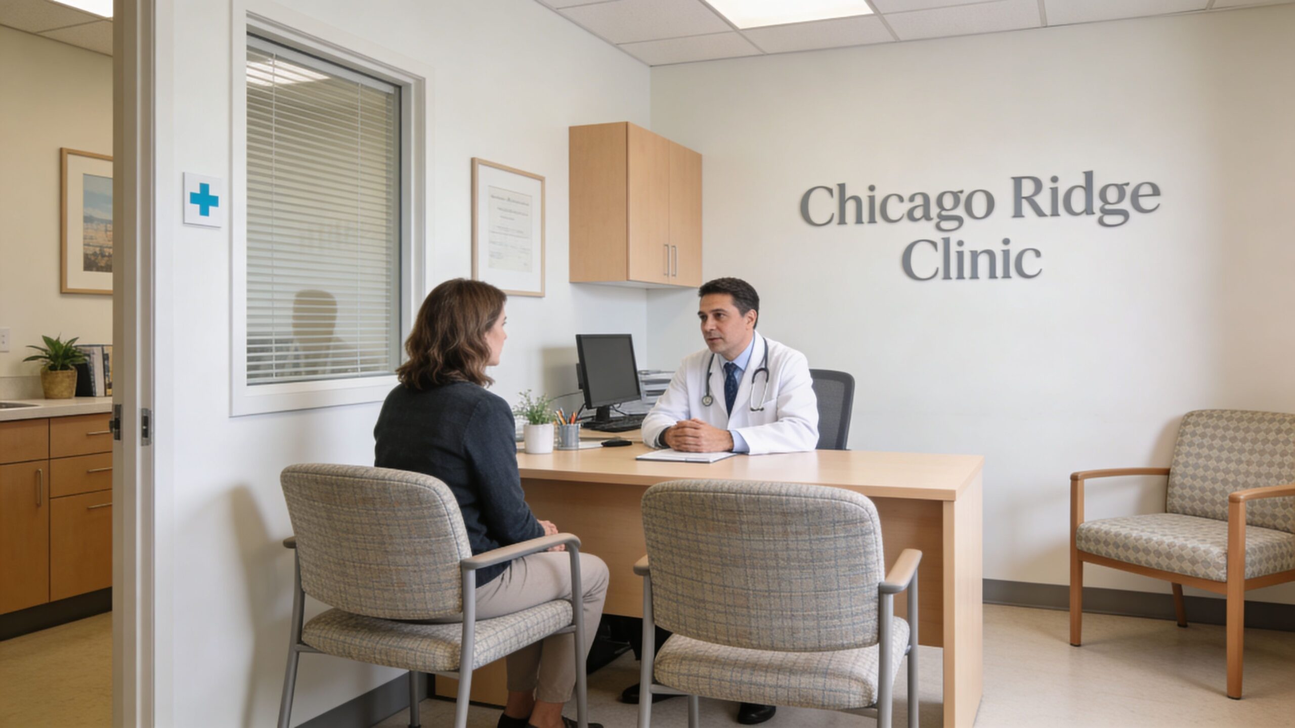 A doctor sitting at a desk consulting with a female patient inside a professional medical clinic office.