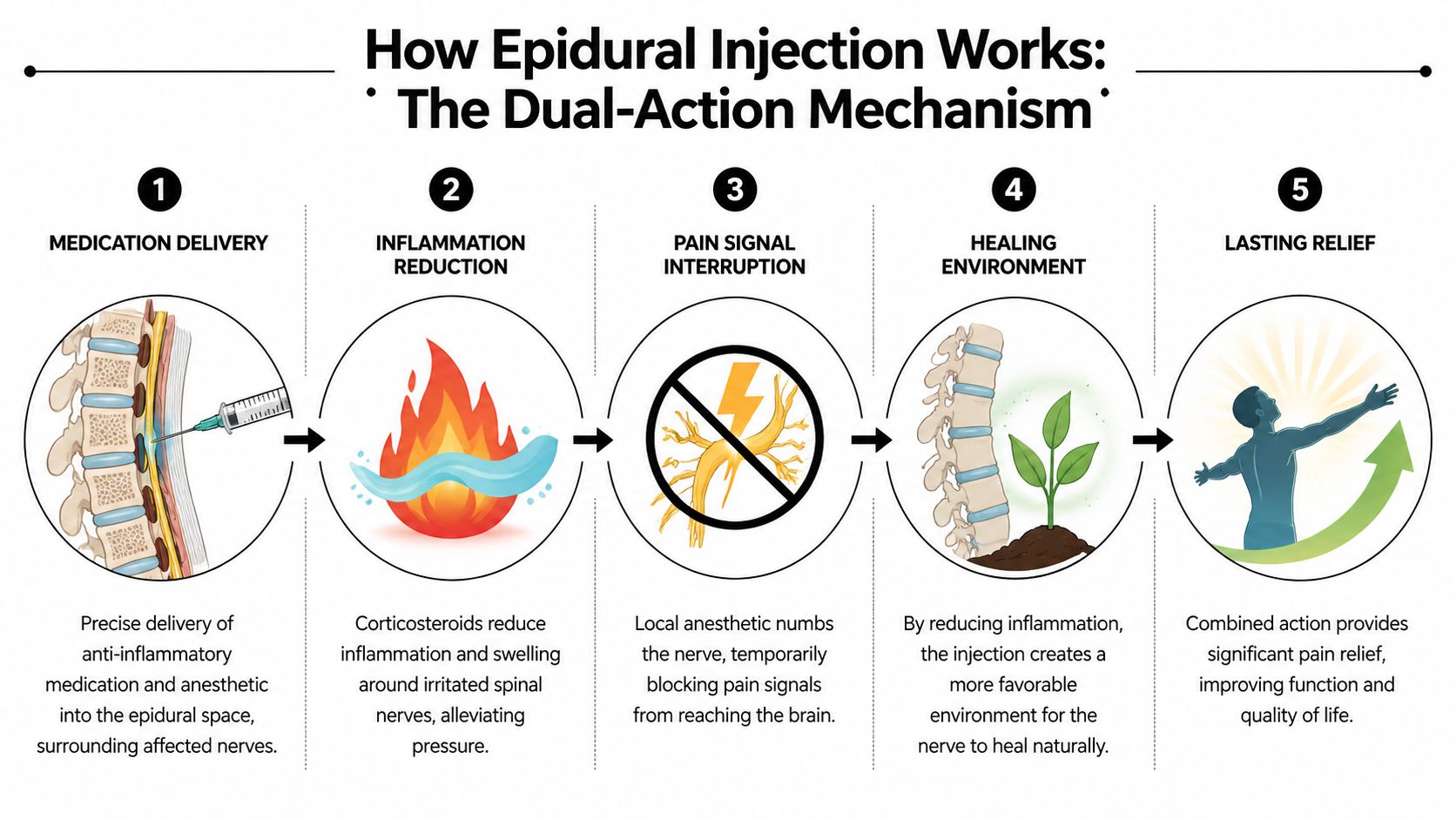 A five-step infographic showing how an epidural injection works by reducing nerve inflammation and blocking pain signals.