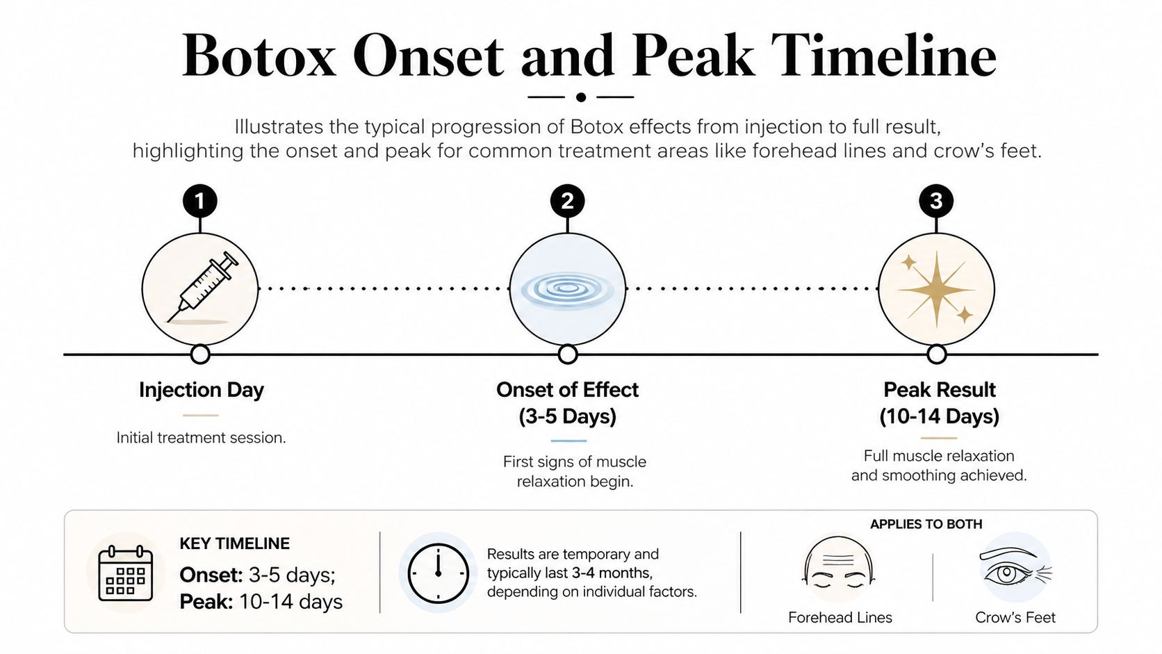 A visual timeline infographic explaining the onset and peak results of Botox treatment procedures.