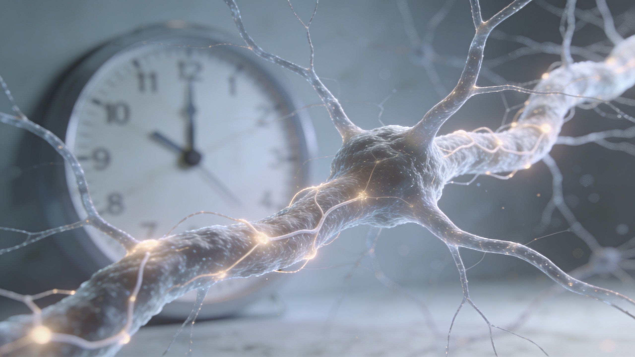 A close-up representation of a neuron cell with glowing electrical impulses in front of an analog clock.