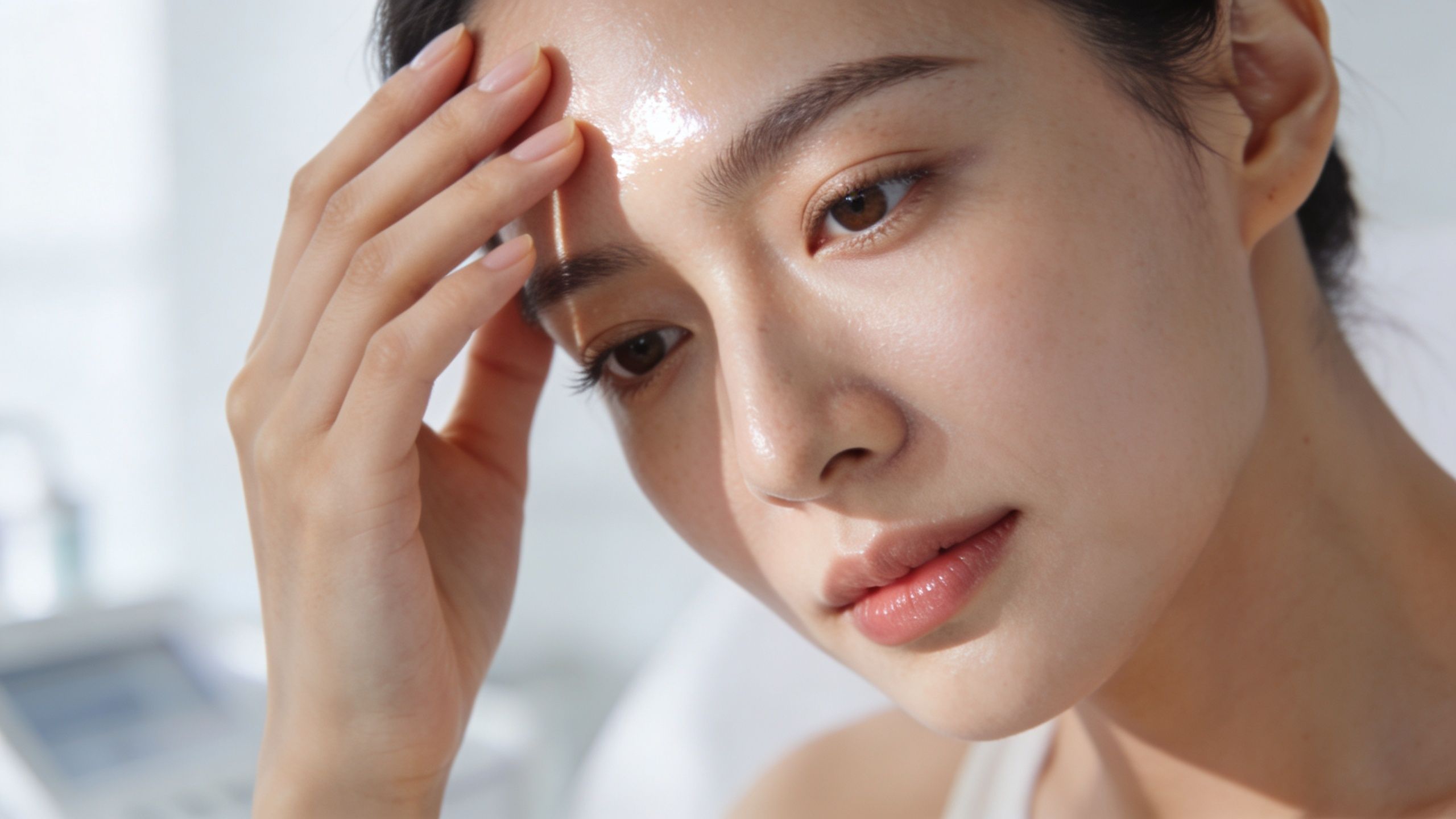 A close-up shot of a young woman with glowing, clear skin touching her forehead in a clinic.