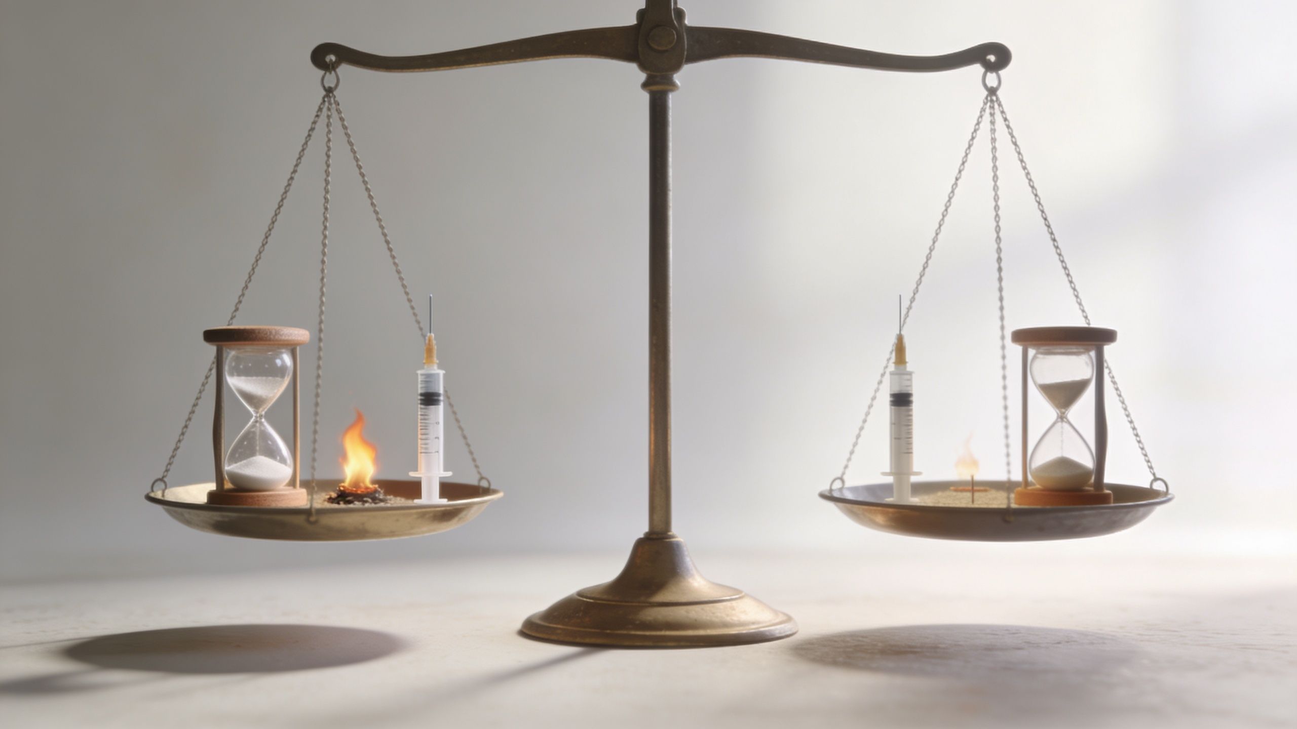 A balanced scale holding hourglasses, syringes, and small flames representing the concept of time and medical treatment.