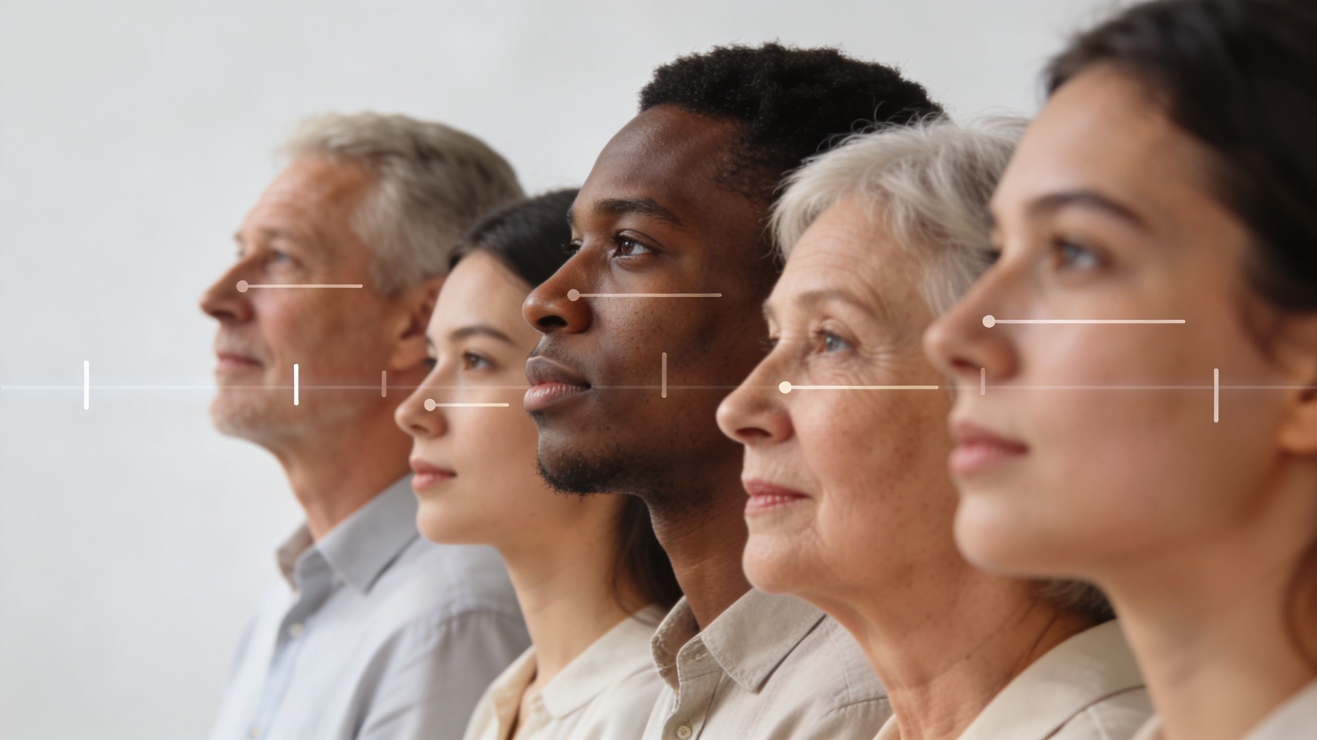 A diverse group of people representing different ages and ethnicities standing in profile in a row.
