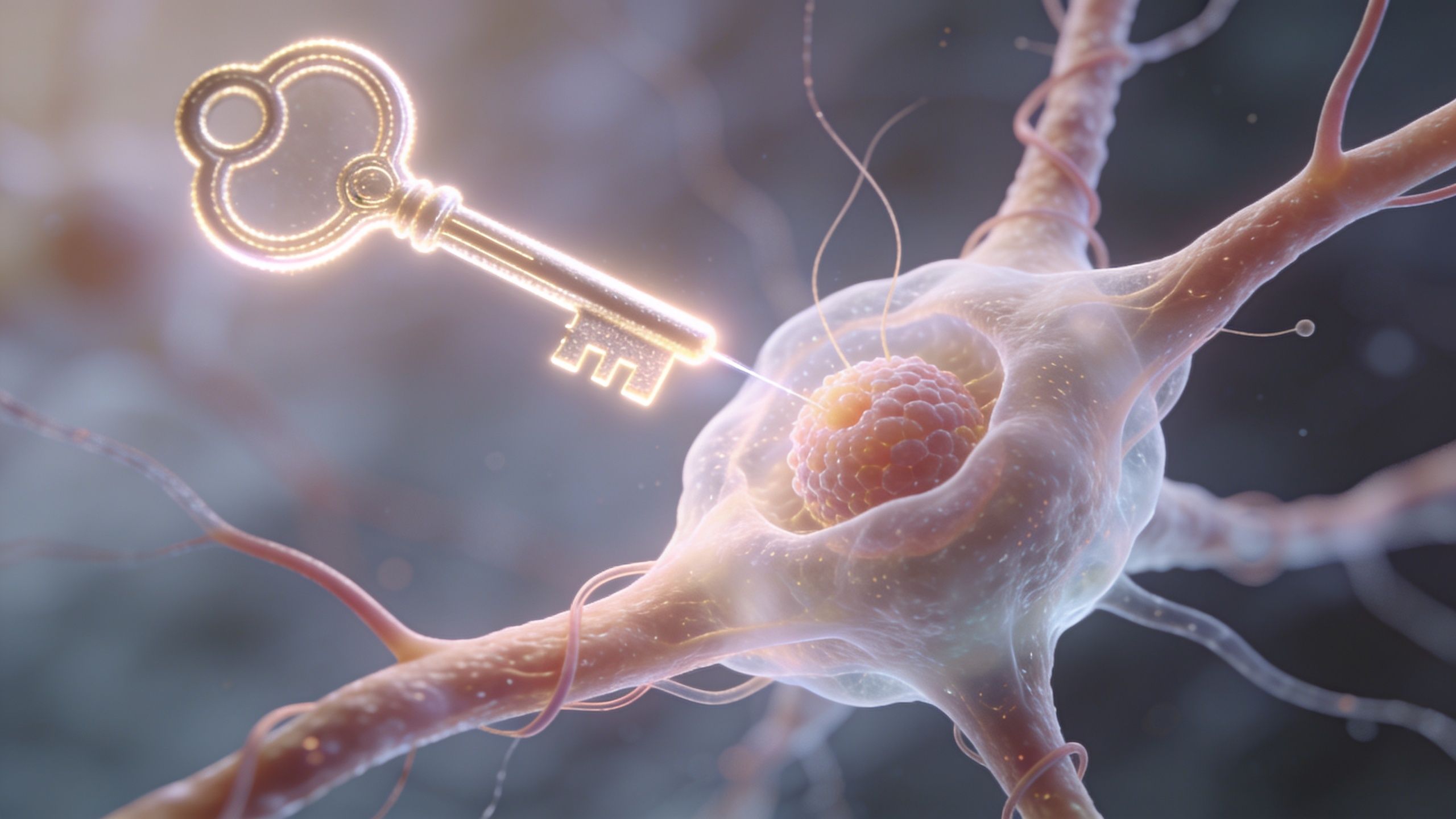 A conceptual 3D illustration of a golden skeleton key interacting with a microscopic human cell or neuron.