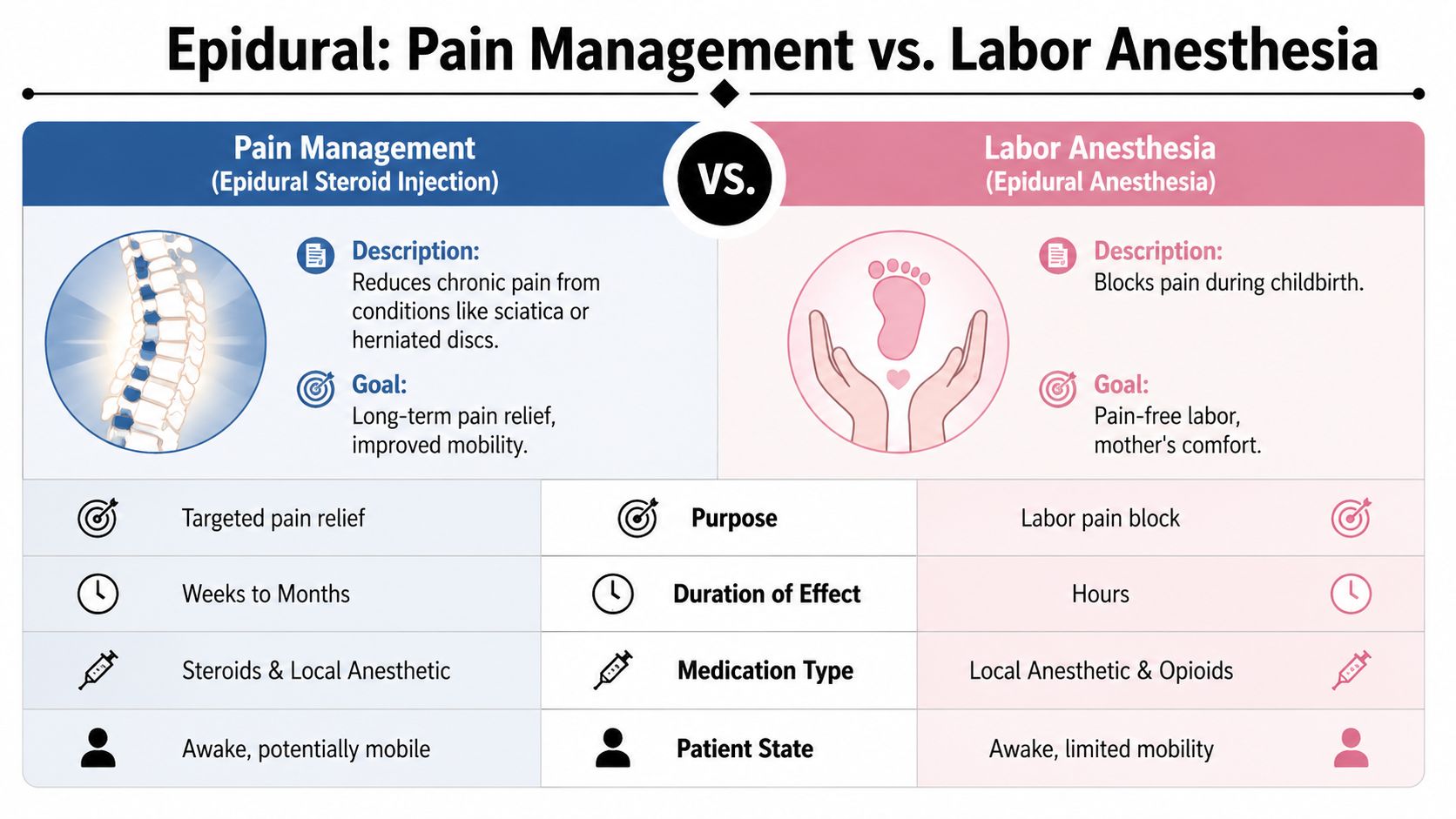 A comparison chart explaining the differences between epidural steroid injections for chronic pain and labor epidural anesthesia.